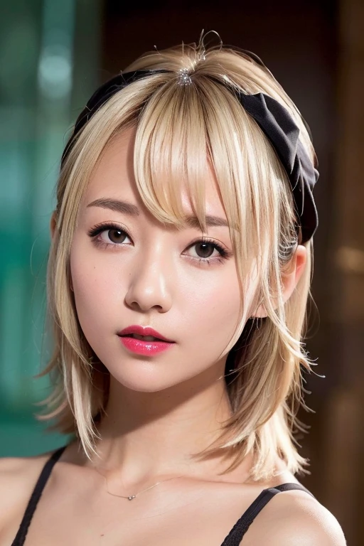 beautiful japanese woman、1 person,very pretty and slim、outstanding style 、((8K image、super high quality))、very delicate face, skin and hair、red lipstick、short hair、straggling hair,(((((gradation hair、blonde))))),Very cute Japanese cut face、Eyes and nose are clearly visible、gentle eyes,(((lingerie、simple background、looking at the viewer)))