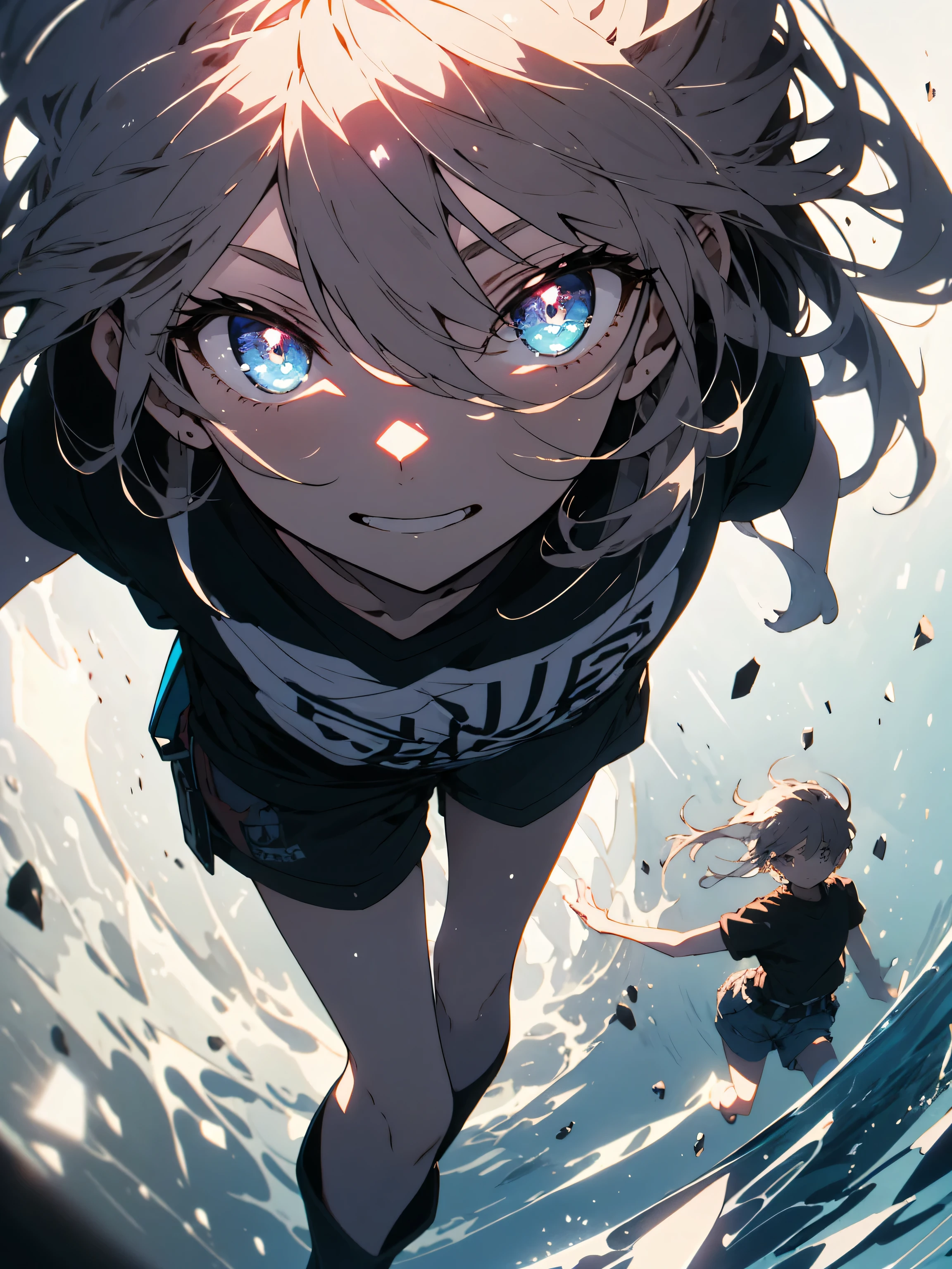 (highest quality、masterpiece、High resolution、detailed)、(Shining eyes、detailed beautiful face)、1 girl、(T-shirt,shorts),smile,short boots,suburbs、slope background、beautiful anime