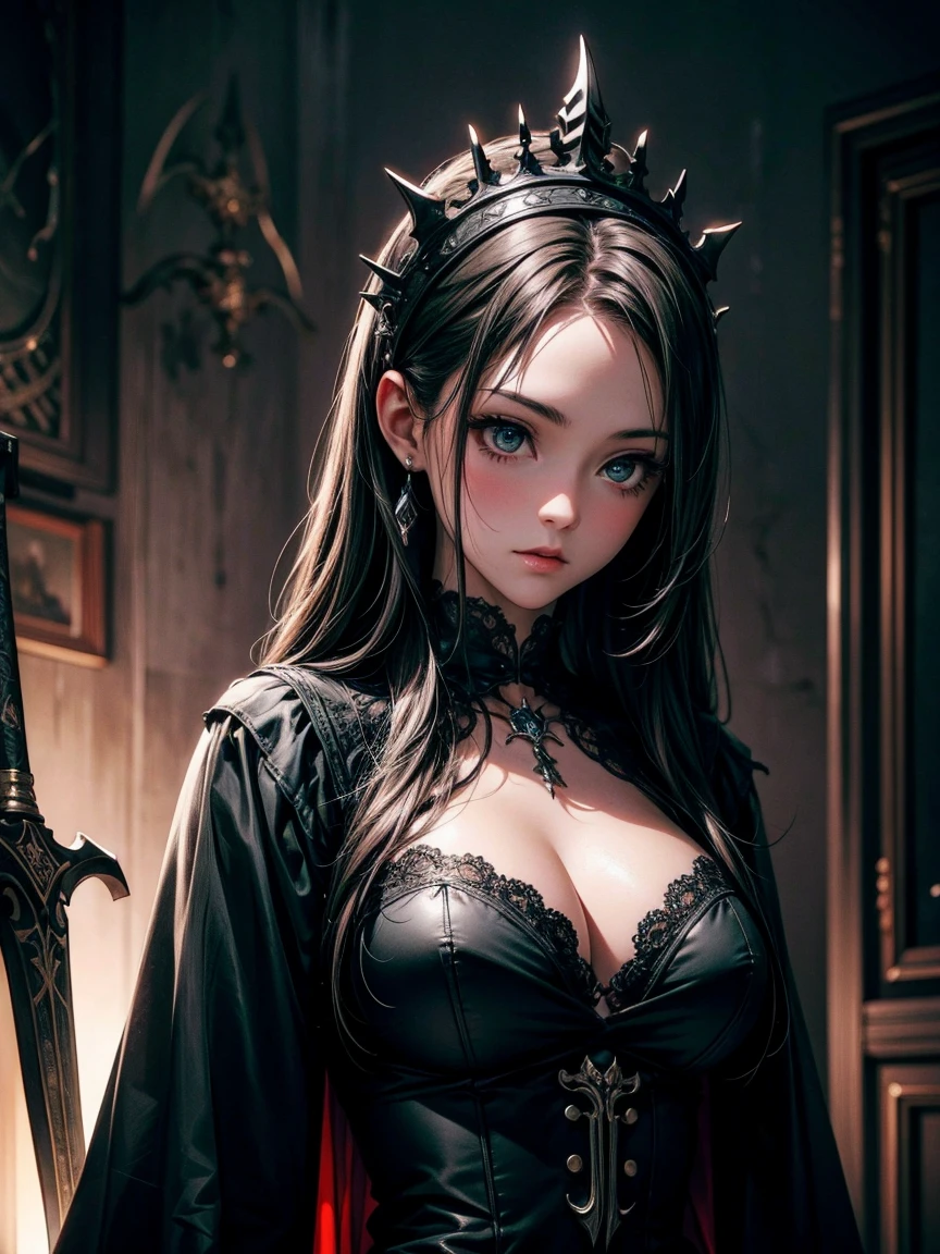 (a girl with) Aura-like gothic lighting, realistic Gothic-style artwork, detailed skeleton impaling itself with a sword in the neck, dark atmospheric background, high-res masterpiece:1.2, ultra-fine painting, professional, vivid colors