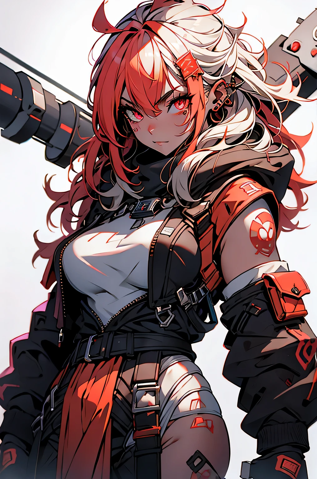 1girl, rebecca \(cyberpunk\), full body, solo, blonde braid hair, glowing red eyes,laugh fearlessly, leg tattoo, neck tattoo, large chest, black bra, thong, red pupils, skin fang, red eyes, black jacket, ((carry a big hammer on your shoulder、white background:1.3))、dynamic angle、dynamic pose、