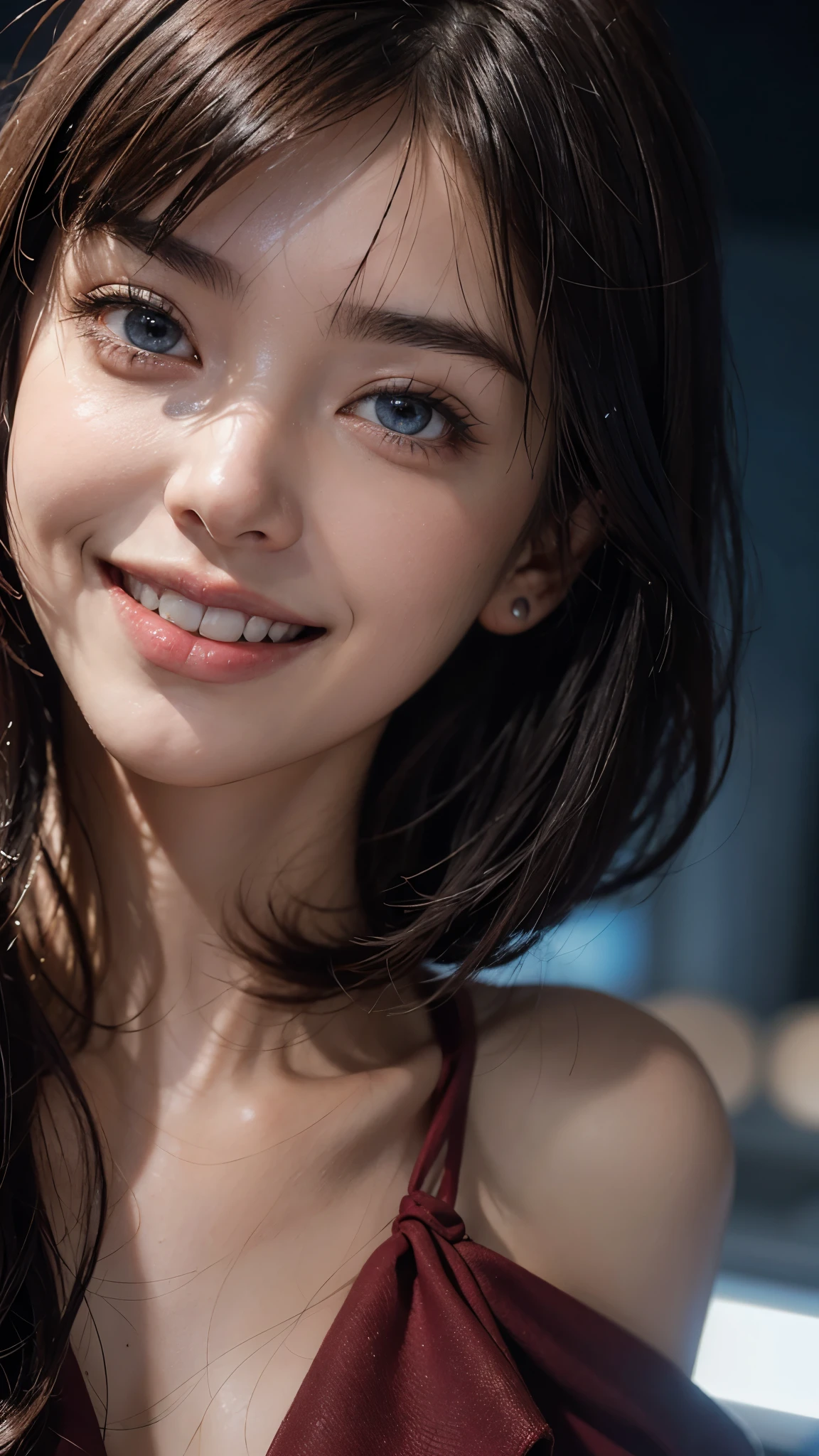 cute 26 year old,1 girl,slim face ,8K,Super realistic image quality,dynamic shadow,sparkling eyes,clear pale blue eyes,movie theater lighting,dark back alley,night,Darkness of the city,suit, ((face close up:1.4)),((A smile showing white teeth)),((Open mouth and smile happily)),((maroon short hair)),((very short bangs)),close, 8K, Raw photo, highest quality, masterpiece,realistic, photo-realistic,