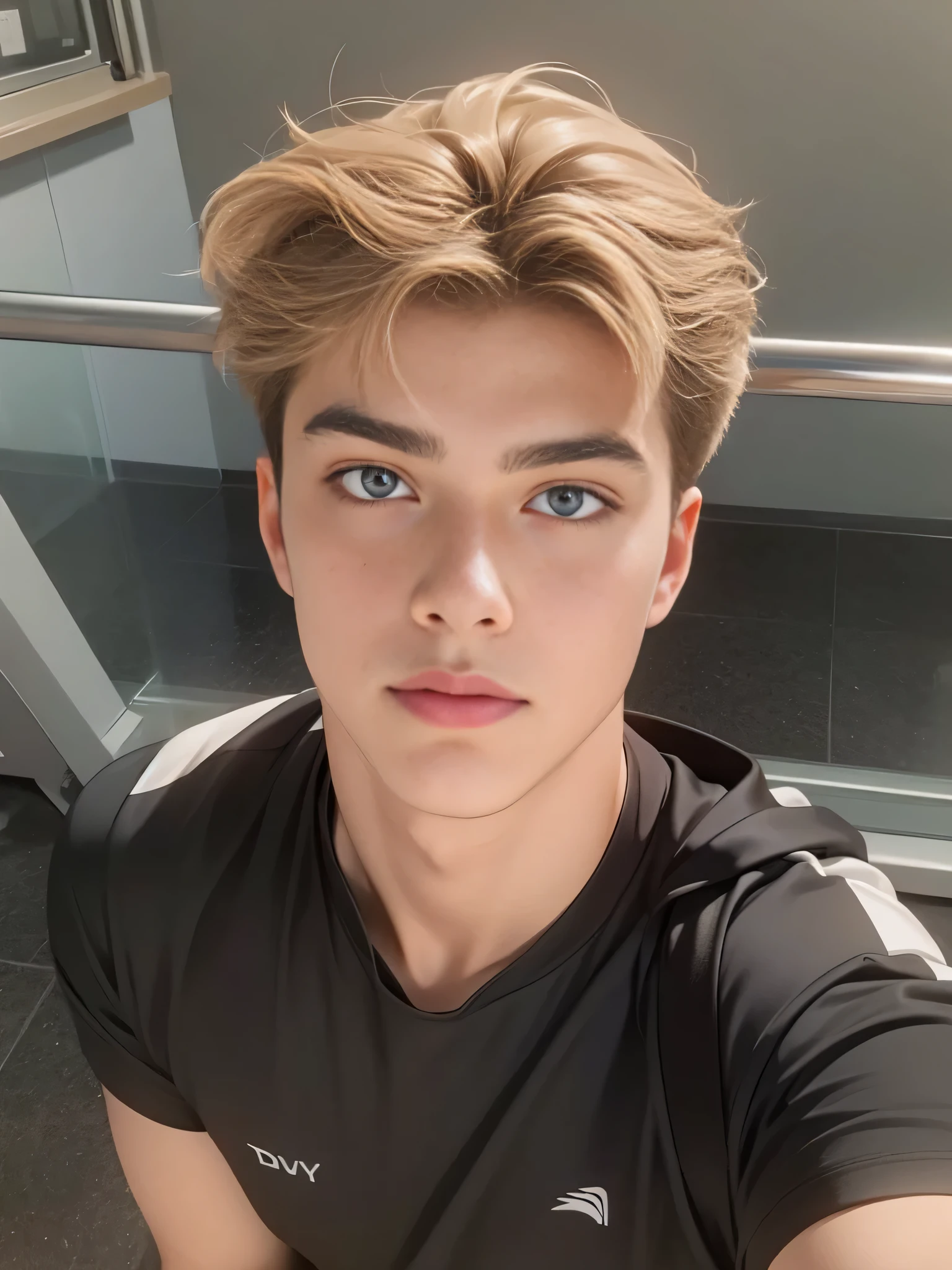 Un joven arafed sentado en un banco con un donut en la mano., foto de perfil en la cabeza, tommy 16 years old, taken in the early 2020s, contraction serpentine / jugador ludwig, 18 years, haciendo ejercicio, Connor Hibbs, Dylan Cole, joel fletcher, looking defiantly into the camera, en un gimnasio, 16 years old