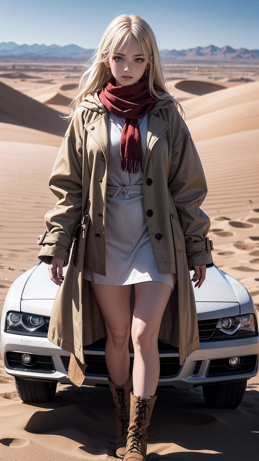 ((最high quality, 8K, masterpiece: 1.3, Ultra HD, high quality, 最high quality, High resolution, realism)) 、25 year old white woman、platinum blonde、blue eyes、long hair、hair above one eye、smile、slender、A soft and plump feminine body、I don't want my head to disappear from the screen.、Accessorize your wrist、Wearing red nail polish、I have a peticure、(high color saturation:1.0), (highly detailed skin), (最high quality:1.0), (超High resolution:1.0) ,(realistic:1.0), (Super detailed:1.0), (8K, Raw photo:1.1), I'm in the desert with sand dunes stretching as far as the eye can see.、Wear a thick coat、put on a hood、Wrap a mesh scarf around your neck、Cover your mouth with a scarf、Wear lace-up boots、A four-wheel drive vehicle stops a short distance away.、Ruts remain behind the car、The car is dirty with dust、The strong sunlight shines down