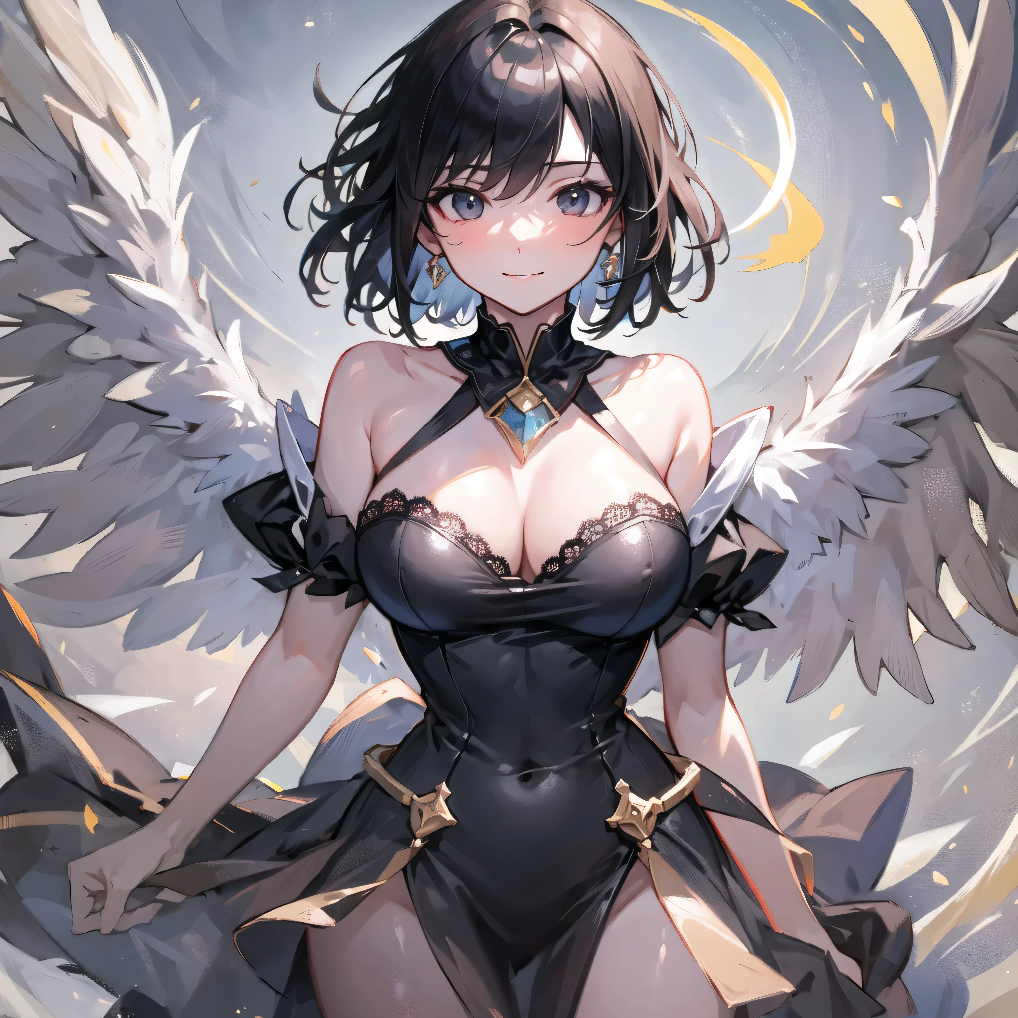 (1 seraphim girl standing on peak of frozen snowy mountain) higher than overcast, blowing frozen wind, (solo), swinging back, multiple wings, (she has 12 wings on her back), (6 white wings:1.5) and (6 black wings:1.5), BREAK, (wearing nothing without a lace trimmed sheer short black chemise:1.4), (black plunging neckline), too short black skirt flapping by wind, stiletto heels, BREAK, (black short hair:1.3), sidelocks, black eyes, (bouncing large breasts), cleavage, inconceivably narrow waist, bared skinny arms, bared skinny long legs, thigh gap, tiptoe, BREAK, baby face, nose blush, smile for viewer, open mouth, orgasm, BREAK, full body, (extremely detailed CG unity 8k wallpaper), (beautiful detailed), (ultra high resolution), (masterpiece:1.2), (best quality), (beautiful illustration)