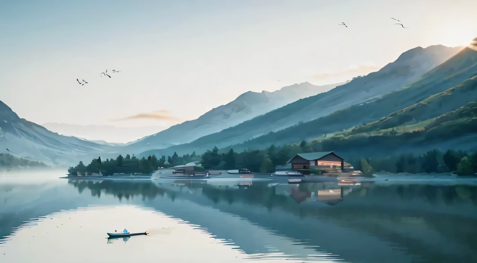 Lake Yamawa,There is a boat in the middle, a lake in the mountains, Perfect composition Artem Demura, beautiful lake background, stunning landscape images, Lakeside Mountain, best adobe stock, High quality wallpaper, High quality wallpaper, in a peaceful scenery, peaceful scenery, author:Franz Hagy, beautiful lake, mountains and lakes