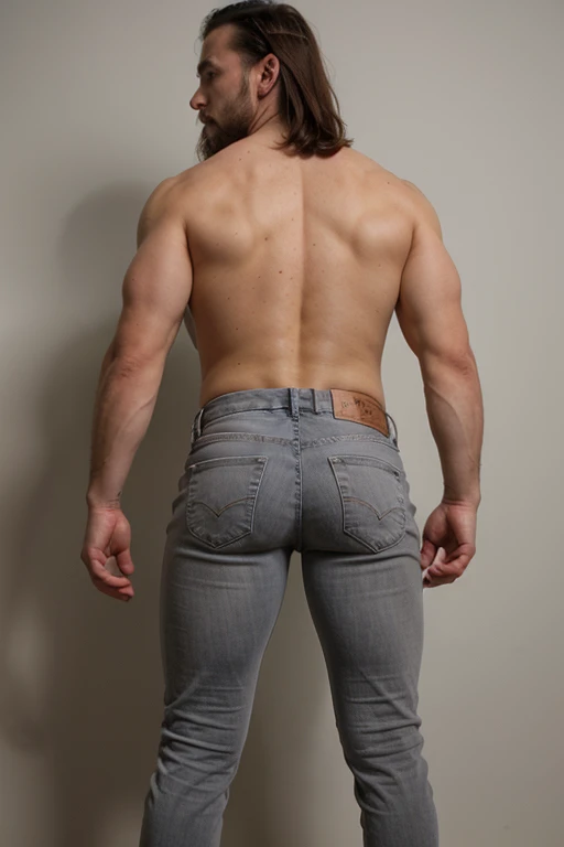muscular manly man,beard, 35 years old, full length, naked, backside, gray jeans, big ass