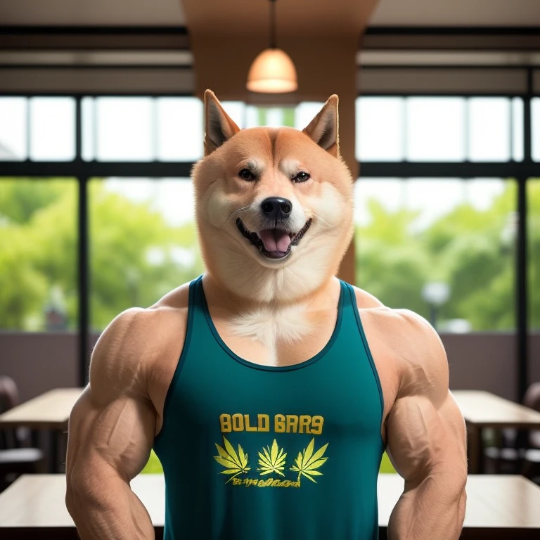 professional photos [(((buffswoldage))):buffswoldage:8], grin, dog&#39;s body, Tank top,白いTank top,Tank topにロゴ,Logo is CBD,eat a big hamburger at a restaurant, marijuana on hamburger,dramatic light like a movie, smooth transition, Bokeh