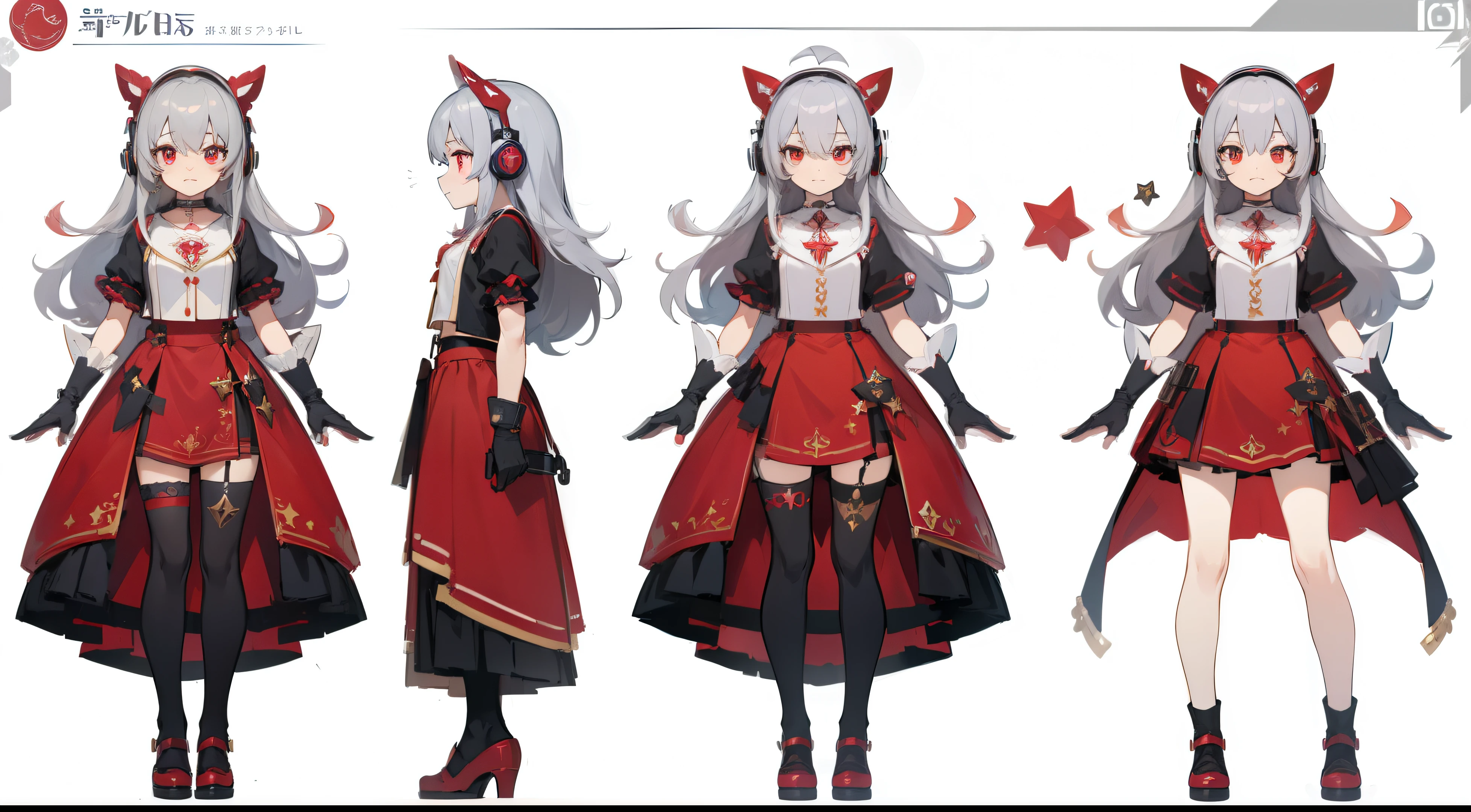 ((masterpiece, highest quality)), detailed face, character sheet, full body, Full of details, Multiple poses and expressions, very detailed, depth, many parts, 1 girl, girl in skirt and headphones, :3, Idol, Magical girl, long hair, bangs, gray hair, red crop top, red skirt, gloves, stockings, black choker, red eyes, star (symbol), symbol-shaped pupils,