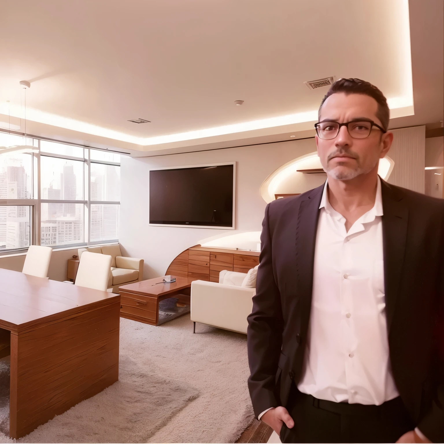 sharp man in a green suit and tie standing in a large room with a table and a sofa, cantor cessante, david rios ferreira, by Alexander Obregón, professional comercial vibe, No fundo, por Daniel Schultz, fotografia de retrato, CEO, daniel mirante, Rafael Personaz, por David Rubin, foto realista, by Felipe Seade