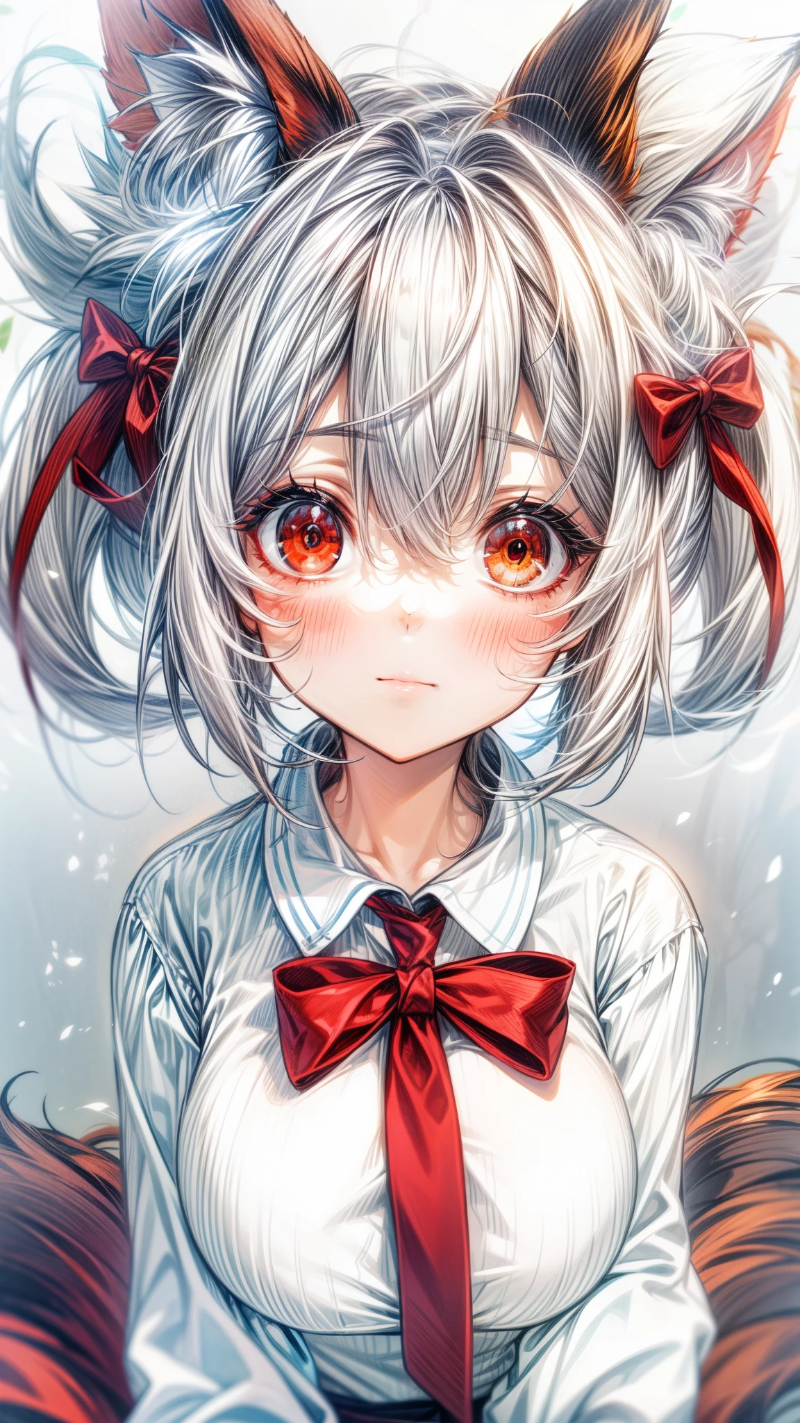 ,grey hair, long hair, twintails, bangs, hair between eyes, animal ears, fox ears, animal ear fluff, red eyes, tail, fox tail, virtual youtuber,grey hair, long hair, twintails, bangs, hair between eyes, animal ears, fox ears, animal ear fluff, red eyes, tail, fox tail, virtual youtuber, shirt, white shirt, long sleeves, sleeves past wrists, bow, hair bow, red bow, ribbon, skirt, pleated skirt, black skirt,milfication, mature female, gigantic breasts