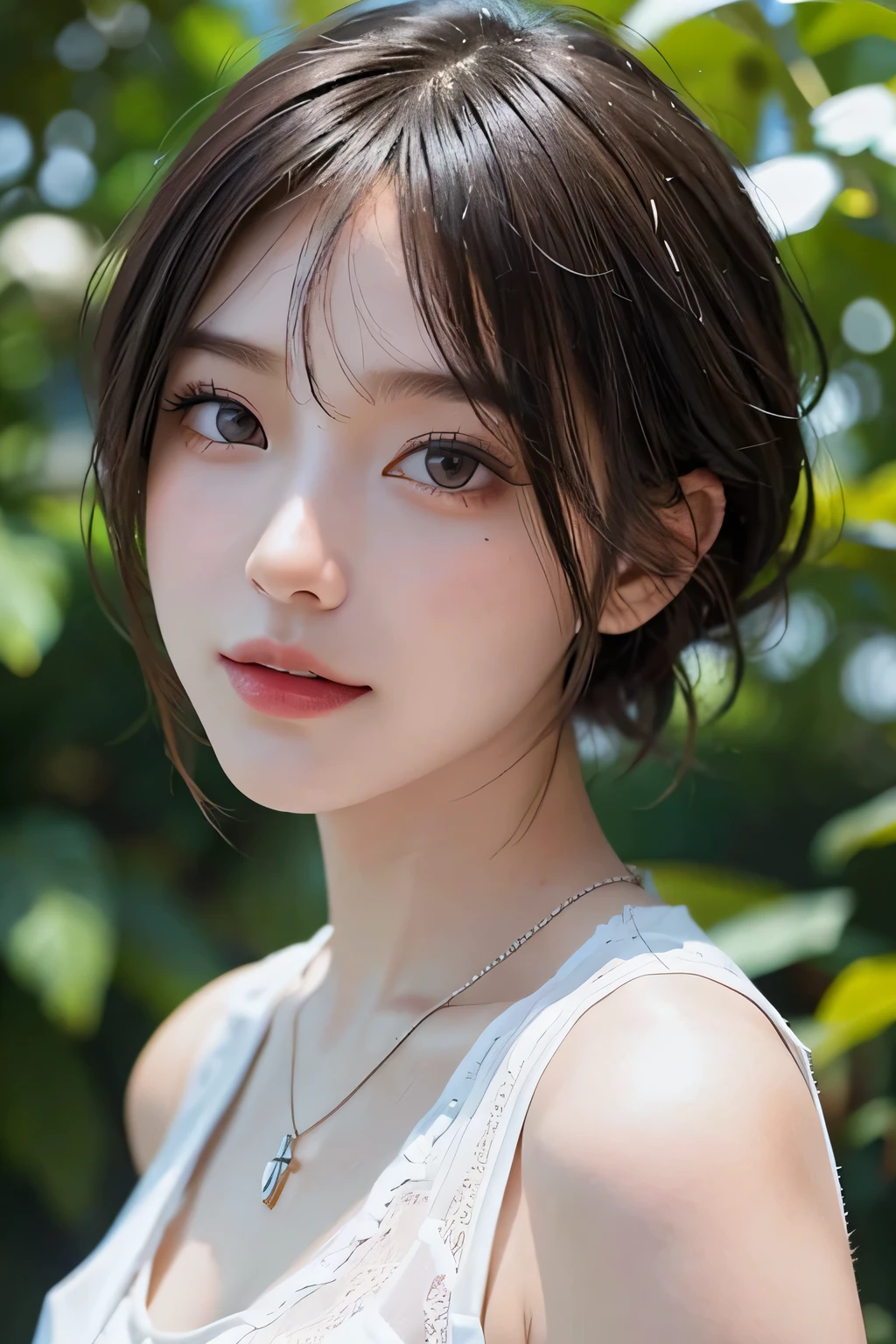 highest quality、masterpiece、超A high resolution、(realistic:1.4)、(real skin texture:1.3)、(film grain:1.3)、panorama、Portrait、very wide angle lens、Close-up、Tyndall effect、perfect beautiful adult woman、beautiful eyes and skin details、small smile、short cut hair、 bust、small necklace、sleeveless shirt、strong sunlight、summer sea and sky、iced coffee、