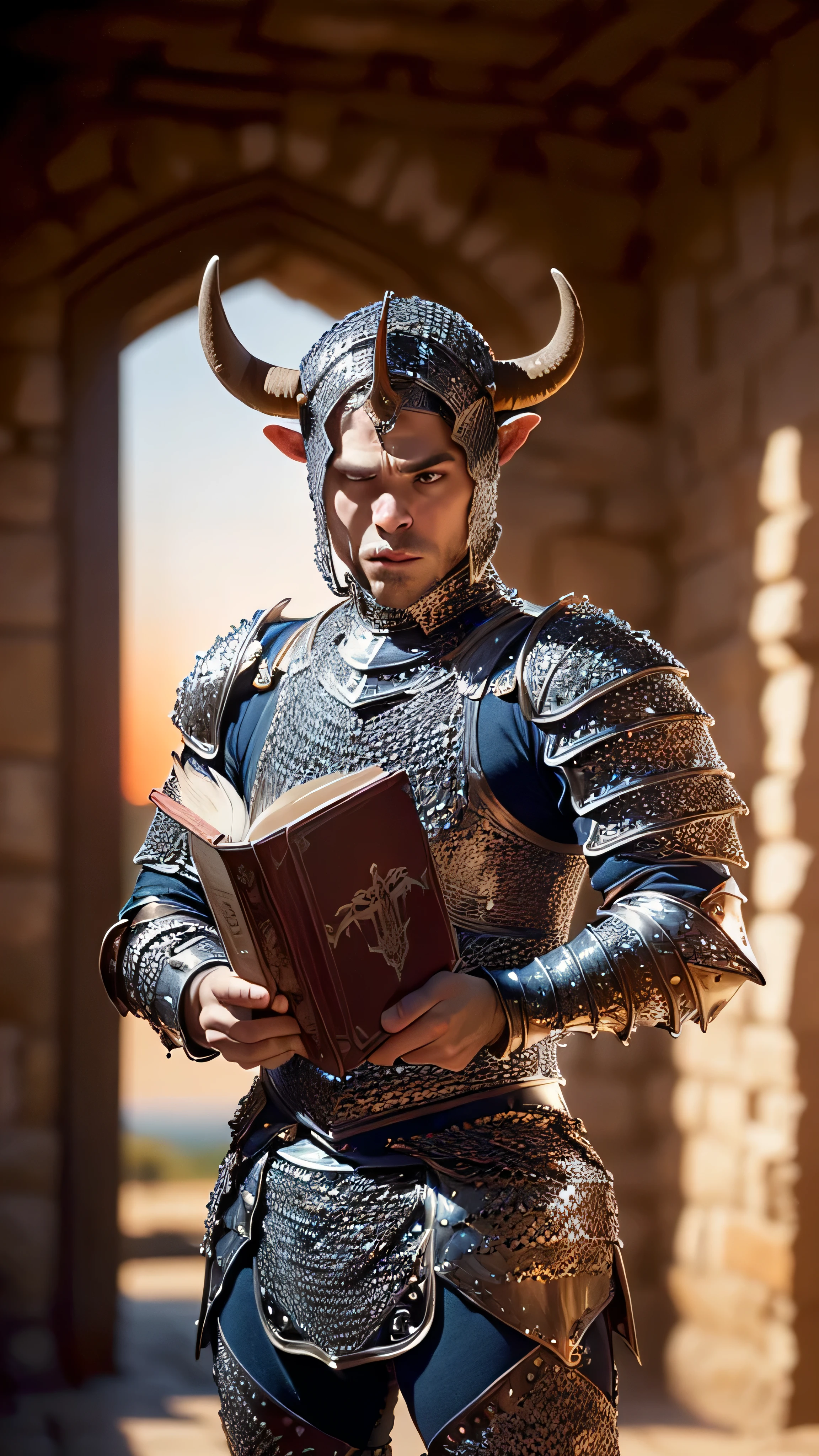 (masterpiece), (extremely intricate:1.3), (realistic), ((minotaur, ((medieval armor, perfectchainmail, holding book, portrait )))), dynamic pose, sharp focus, dramatic, award winning, cinematic lighting, volumetrics dtx, (film grain, blurry background, blurry foreground, bokeh, depth of field, sunset, interaction, castle in the distance
