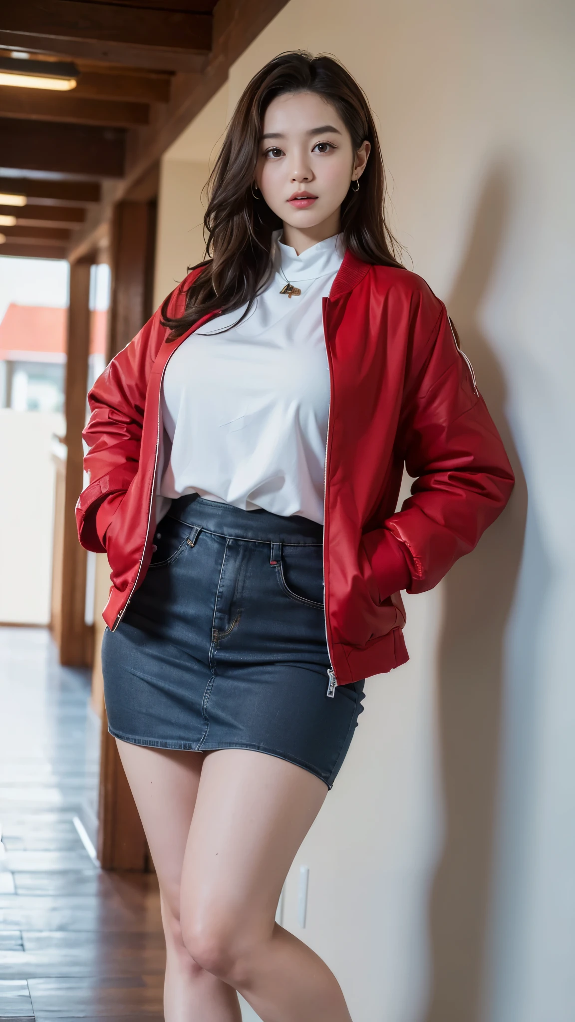 (((best quality, 8 thousand, masterpiece:1.4)), (20 year old woman), masterpiece, distinct, highres, high_quality, wide_shot, small_face, absurdly_short_hair, female, sagging_breasts, balancing, stretching, gentle_face, bare_shoulders, center_opening, downblouse, (brown wavy very long hair), (Put your hands in your pockets), (Huge, saggy breasts), red high heels, red tight long skirt, wear a red jacket, white blouse, neat office office hallway, white tone office, 