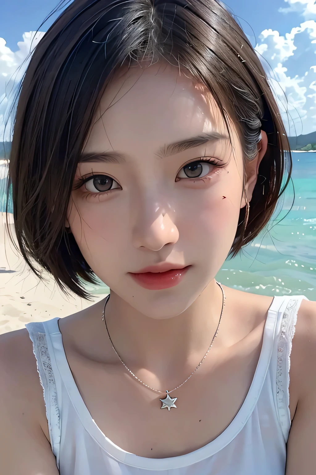 top-quality、masterpiece、超A high resolution、(realisitic:1.4)、(True skin texture:1.3)、(film grains:1.3)、the panorama、portlate、Very wide lens、a closeup、Tindall Effect、Perfect beautiful adult woman、Beautiful detail eyes and skin、ssmile、short cut hair、Petite bust、Small necklace、Short sleeved shirt、Strong sunshine、Summer sea and sky、