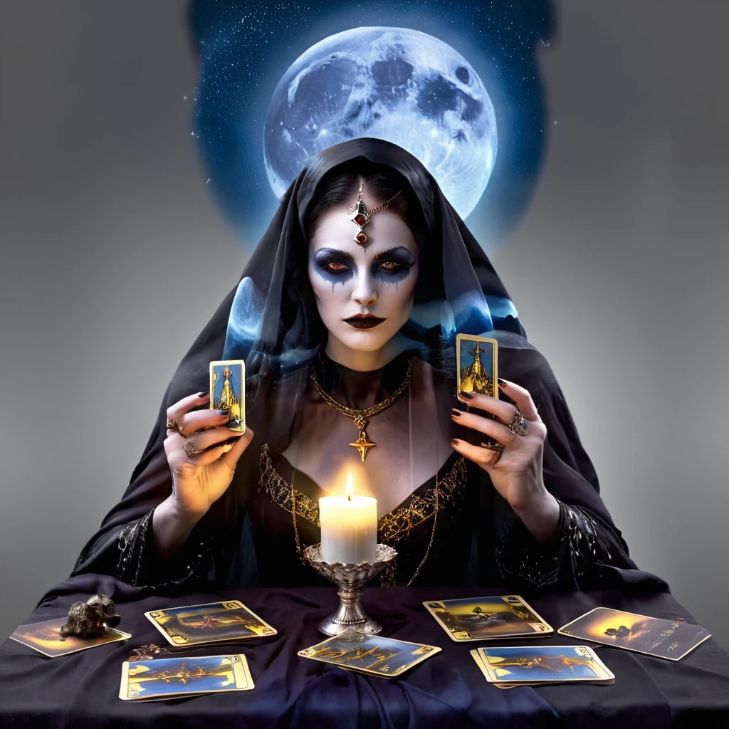 Multi-exposure photography, woman in mystical attire performing tarot reading under a night sky, Death and Jester cards intermingling with goblets, evoking Gerald Brom's dark fantasy style, flowing makeup design, star-textured clothing, high resolution, masterpiece quality,  ultra-fine details, dramatic lighting, sharp focus, studio setting, artistically trending on ArtStation, intricate details,digital rendering. sharp focus, studio photo, intricate details, highly detailed