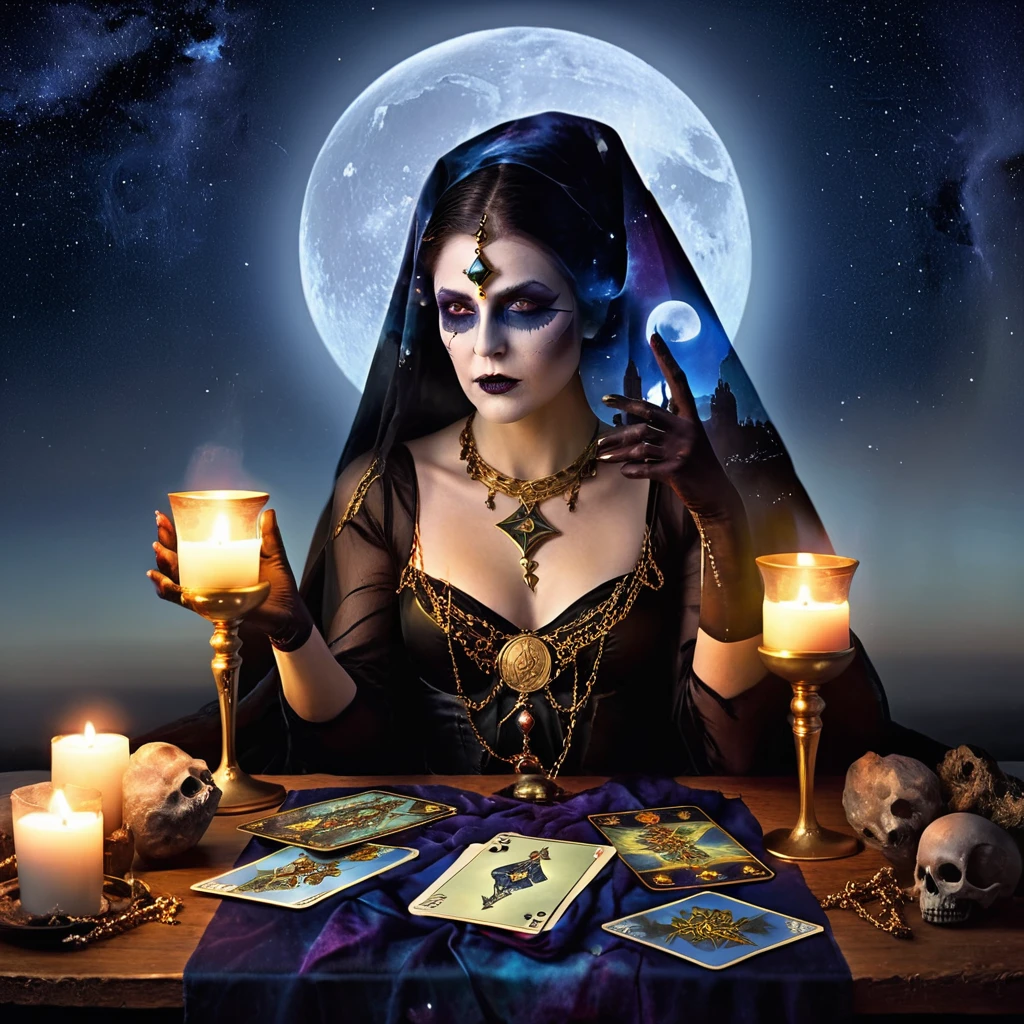 Multi-exposure photography, woman in mystical attire performing tarot reading under a night sky, Death and Jester cards intermingling with goblets, evoking Gerald Brom's dark fantasy style, flowing makeup design, star-textured clothing, high resolution, masterpiece quality,  ultra-fine details, dramatic lighting, sharp focus, studio setting, artistically trending on ArtStation, intricate details,digital rendering. sharp focus, studio photo, intricate details, highly detailed