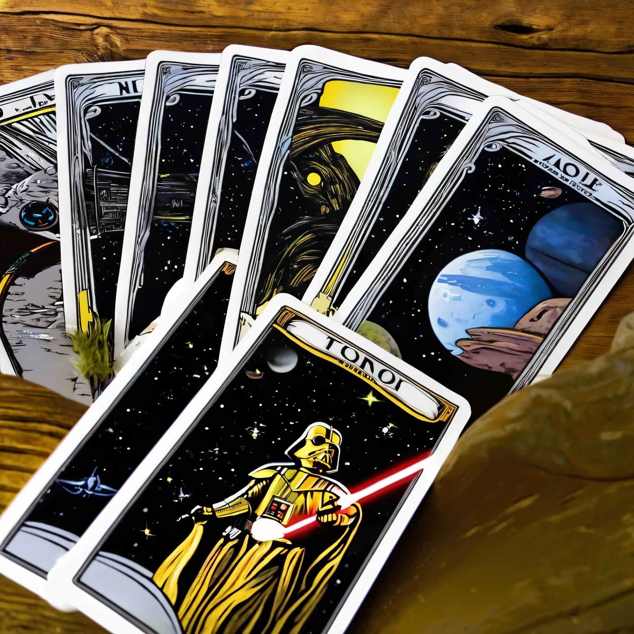 A deck of Star Wars themed Tarot cards have been dealt out for a 5 card fortune