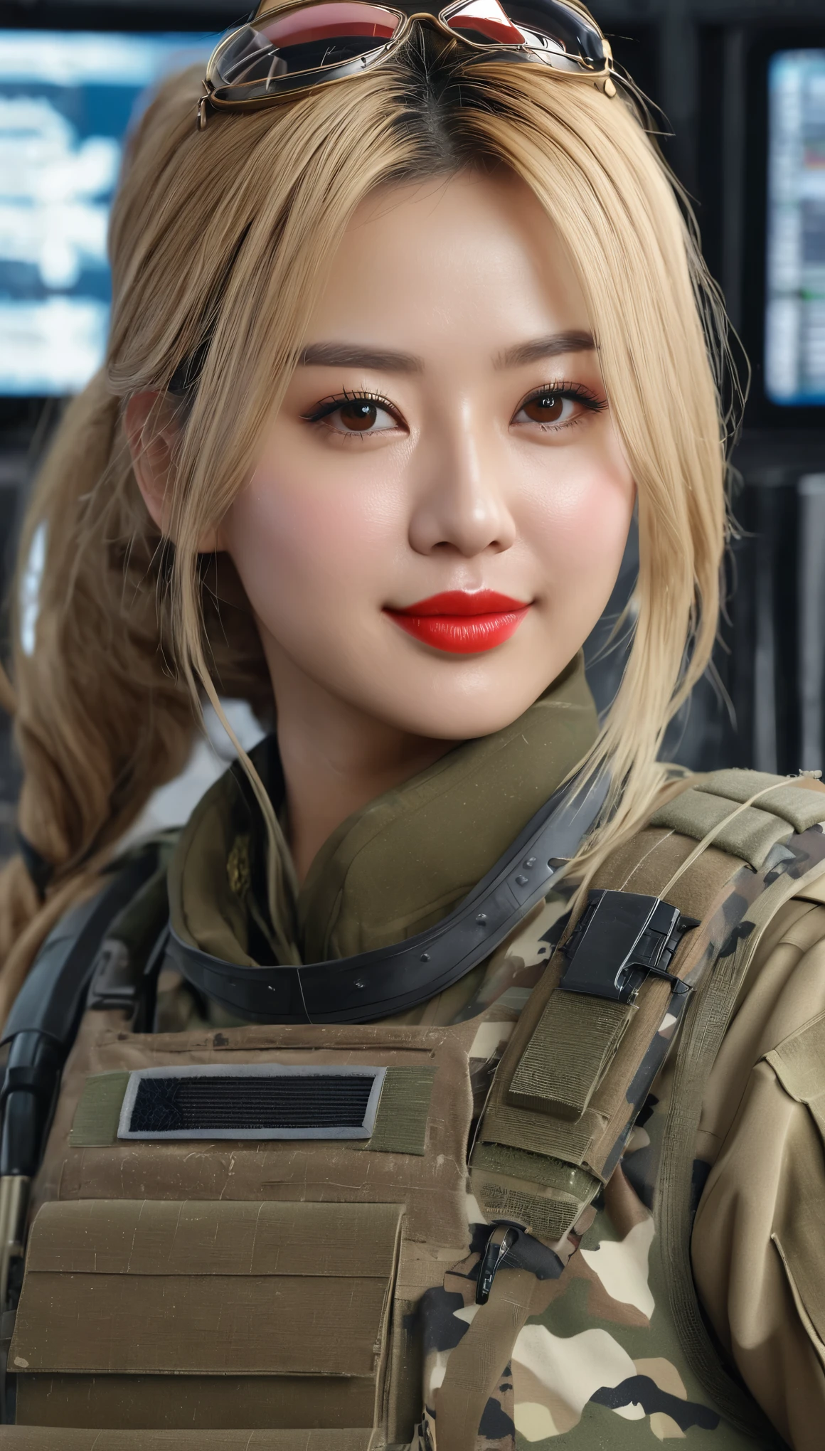 (((hyper real)))、超未来的なfemale soldier、陸軍female soldier、Beautiful woman High level image quality High resolution realistic blonde woman、mature woman、((big big tits))、Fine skin texture、超High resolution、realistic、plump body shape、smile、中年Beautiful woman、beautiful expression 、fine brown eyes、fluffy long hair、非常に繊細でFine skin texture、35army soldier woman、(Very futuristic huge computer room)、female soldier、big cleavage、bright red lips、(wear combat uniform)、