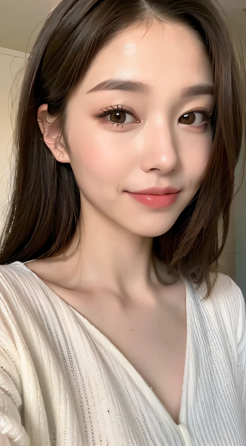 ((highest quality, 8K, masterpiece: 1.3)), 1 girl, The beauty of slim abs: 1.3, (casual hairstyle, :1.2), loose dress, super fine face, delicate eyes, double eyelid, smile. Let's take a photo with a cute pose, very low number, thin waist, big breasts, close, close, casual background