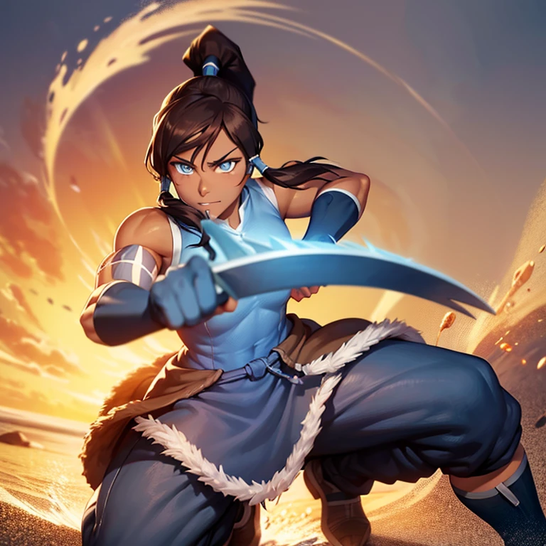 korra, dark skin, dark-skinned female, ponytail, muscular female, high quality, detailed, high resolution, no gloves.