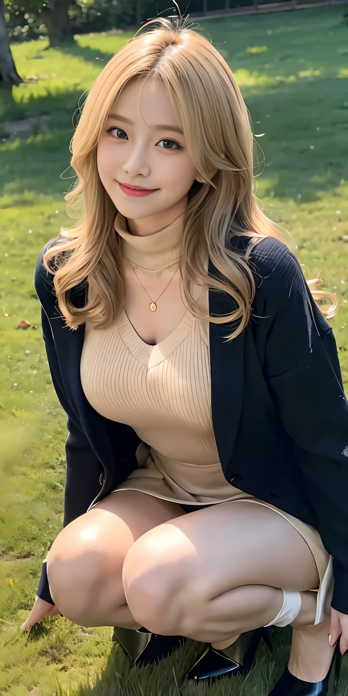 23 is a novel, long dark blonde wavy hair、beige turtleneck sweater, plump nipples、long pleated skirt of dark blue color,medium milk, cute smile、(lean forward to emphasize the chest)、、beautiful necklace、black high heels、sexy lace panties、Visible shot of the whole body、on the grass in the park、squat down on your knees、Cute smile with upward glances