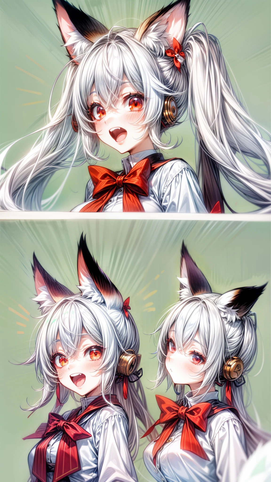 ,grey hair, long hair, twintails, bangs, hair between eyes, animal ears, fox ears, animal ear fluff, red eyes, tail, fox tail, virtual youtuber,grey hair, long hair, twintails, bangs, hair between eyes, animal ears, fox ears, animal ear fluff, red eyes, tail, fox tail, virtual youtuber, shirt, white shirt, long sleeves, sleeves past wrists, bow, hair bow, red bow, ribbon, skirt, pleated skirt, black skirt,milfication, mature female, gigantic breasts