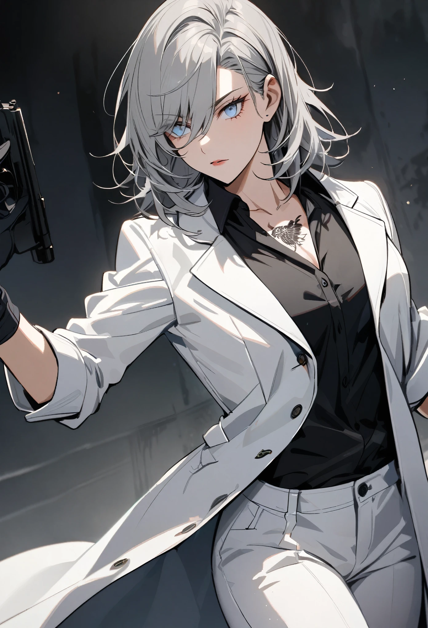Handsome, solo, female, mafia, black shirt, white pant, black gloves, white coat, medium hair, gray hair, light blue eyes, eagle tattoo on right clavicle
