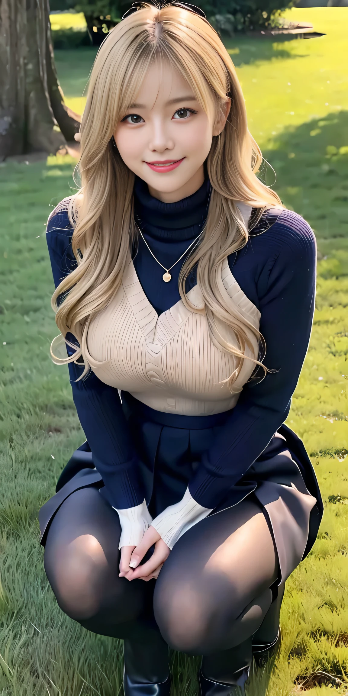 23 is a novel, long dark blonde wavy hair、beige turtleneck sweater, plump nipples、long pleated skirt of dark blue color,medium milk, cute smile、(lean forward to emphasize the chest)、、beautiful necklace、black high heels、sexy lace panties、Visible shot of the whole body、on the grass in the park、squat down on your knees、Cute smile with upward glances