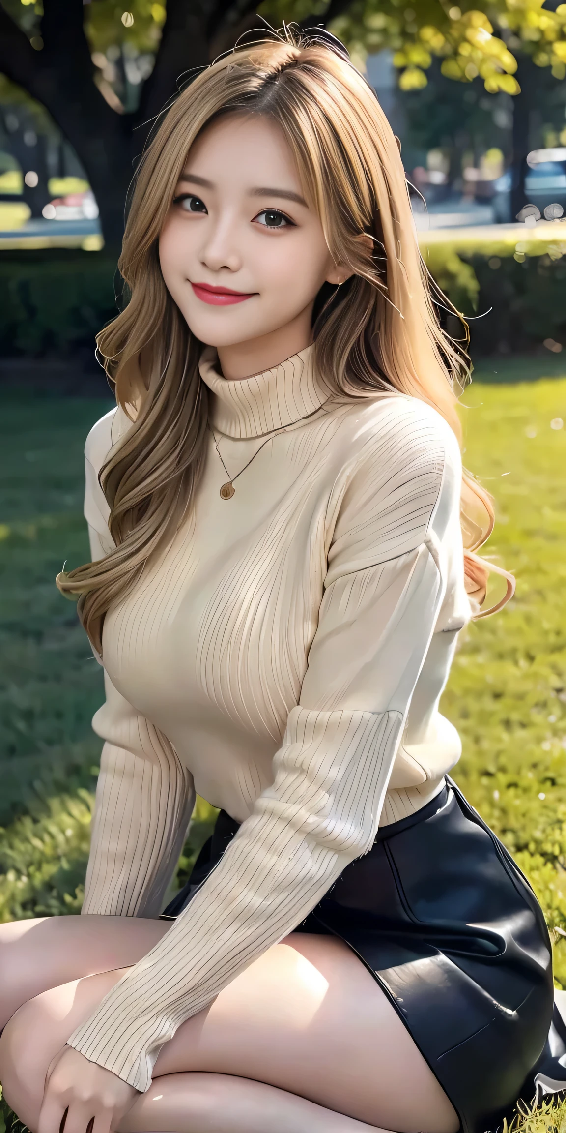 23 is a novel, long dark blonde wavy hair、beige turtleneck sweater, plump nipples、long pleated skirt of dark blue color,medium milk, cute smile、(lean forward to emphasize the chest)、、beautiful necklace、black high heels、sexy lace panties、Visible shot of the whole body、on the grass in the park、squat down on your knees、Cute smile with upward glances