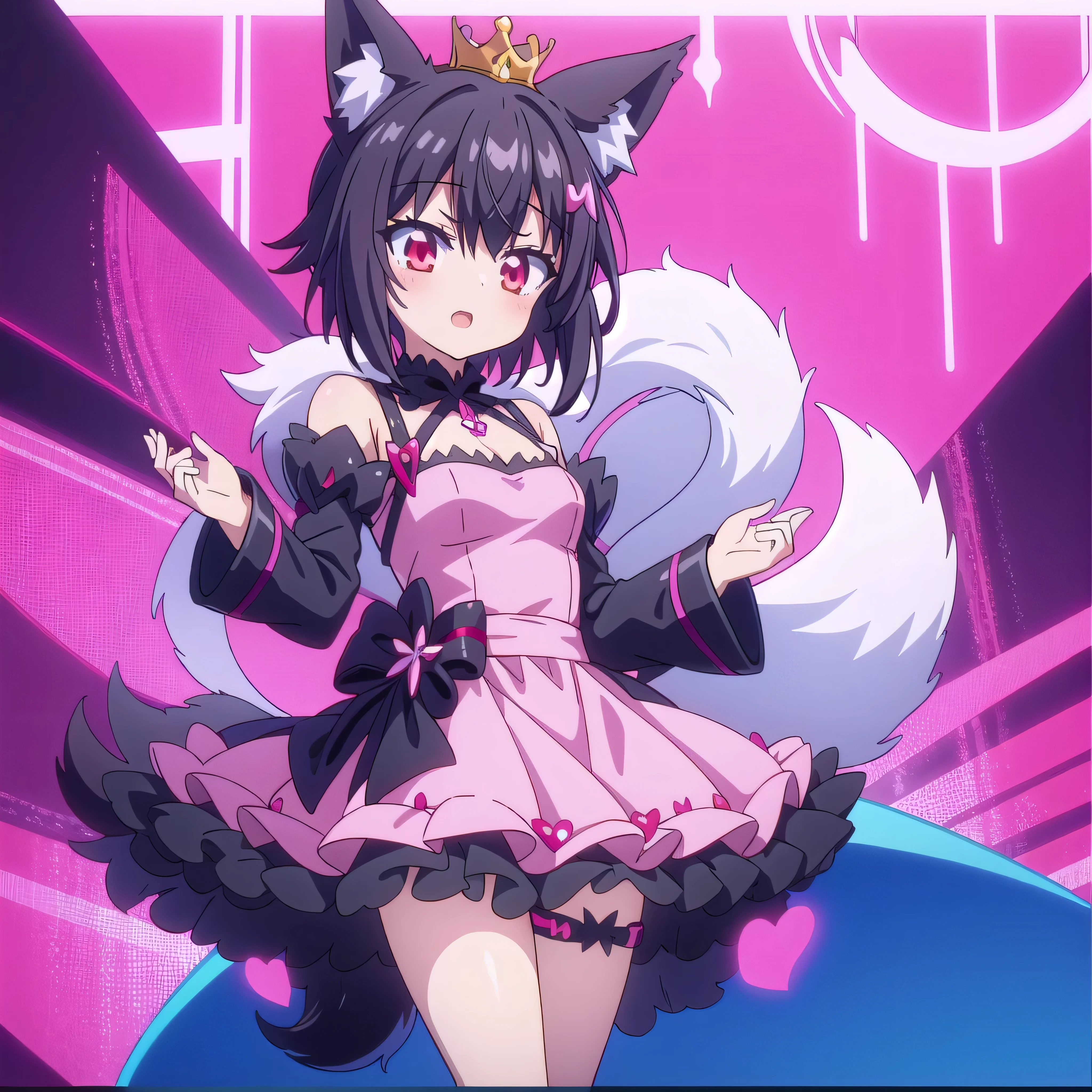 ((red eyes)), shiny skin, ((pink princess dress)), ((short black hair)), ((fox girl)), ((fox ears)), ((black fox tail)), ((1girl)), ((8k resolution))