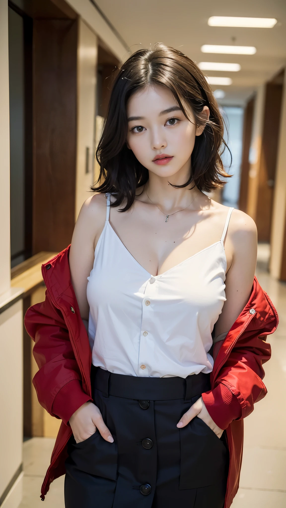 (((best quality, 8 thousand, masterpiece:1.4)), (20 year old woman), masterpiece, distinct, highres, high_quality, wide_shot, small_face, absurdly_short_hair, female, sagging_breasts, balancing, stretching, gentle_face, bare_shoulders, center_opening, downblouse, (brown wavy very long hair), (Put your hands in your pockets), (Huge, saggy breasts), red tulip skirt, red button jacket, white v-neck shirt, neat office office hallway, white tone office, Office Look:1.3,
