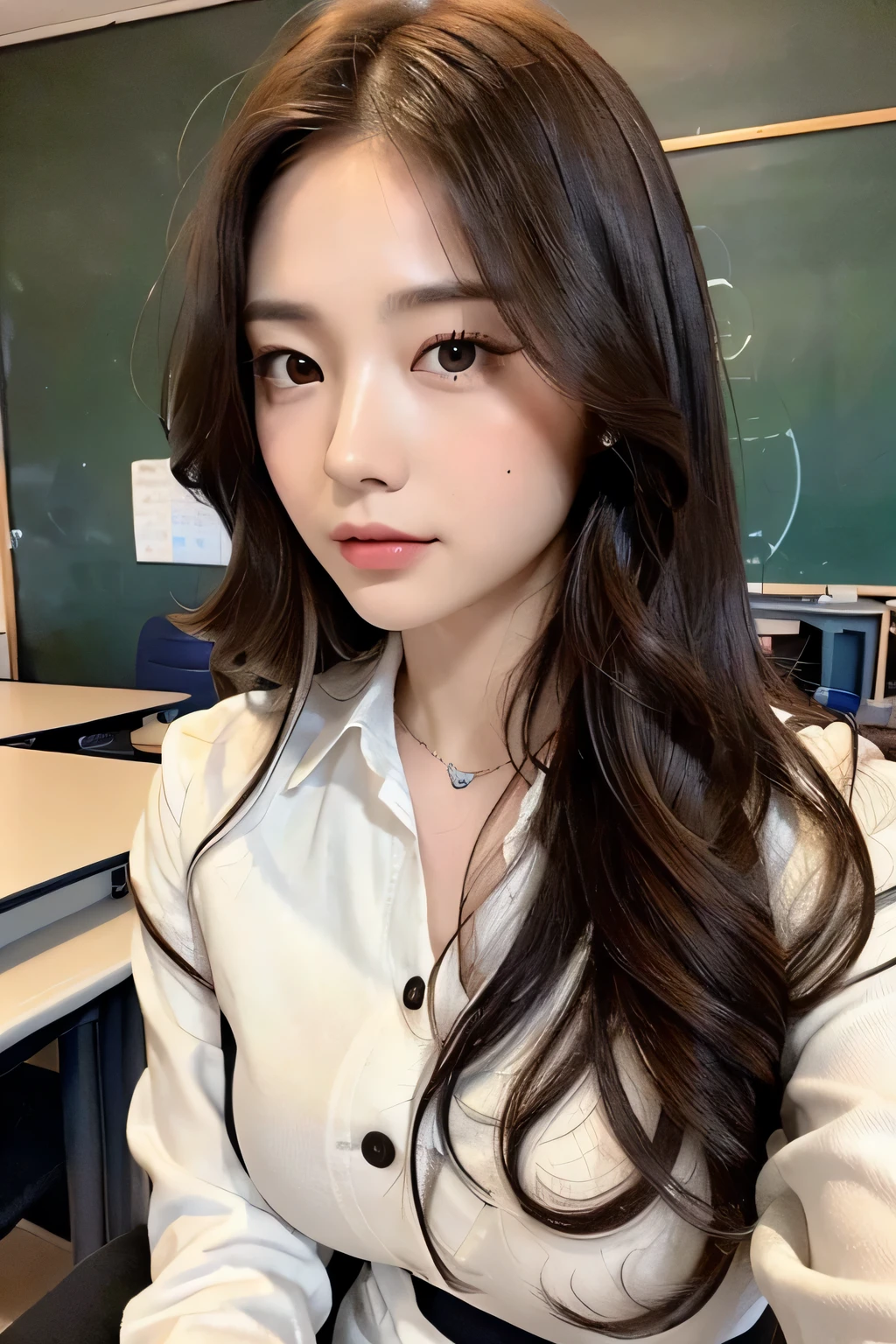(8K, RAW photo, top quality, masterpiece: 1.2)、((Jacket、white shirt、Shirt buttons are closed、school teacher、full body image)),wide angle、1 person、 Super detailed, super resolution, (realistic, real photos: 1.37), Portrait, High resolution raw color photos, professional photos, very detailed and beautiful, very detailed, 8K image wallpaper, amazing details、Other shots、sharp focus: 1.2、cute beautiful woman with perfect body: 1.4、slim big: 1.2、full body image, ((dark brown hair、long hair,curly hair、 big breasts: 1.2)) 、(High definition breasts、happy expression、Are standing：1.2）、((Women are the main focus))、High-definition face and skin texture、detailed eye、double eyelid、very detailed and focused chest、((School、classroom、blackboard、desk work、sitting at the desk))、(sit cross-legged)