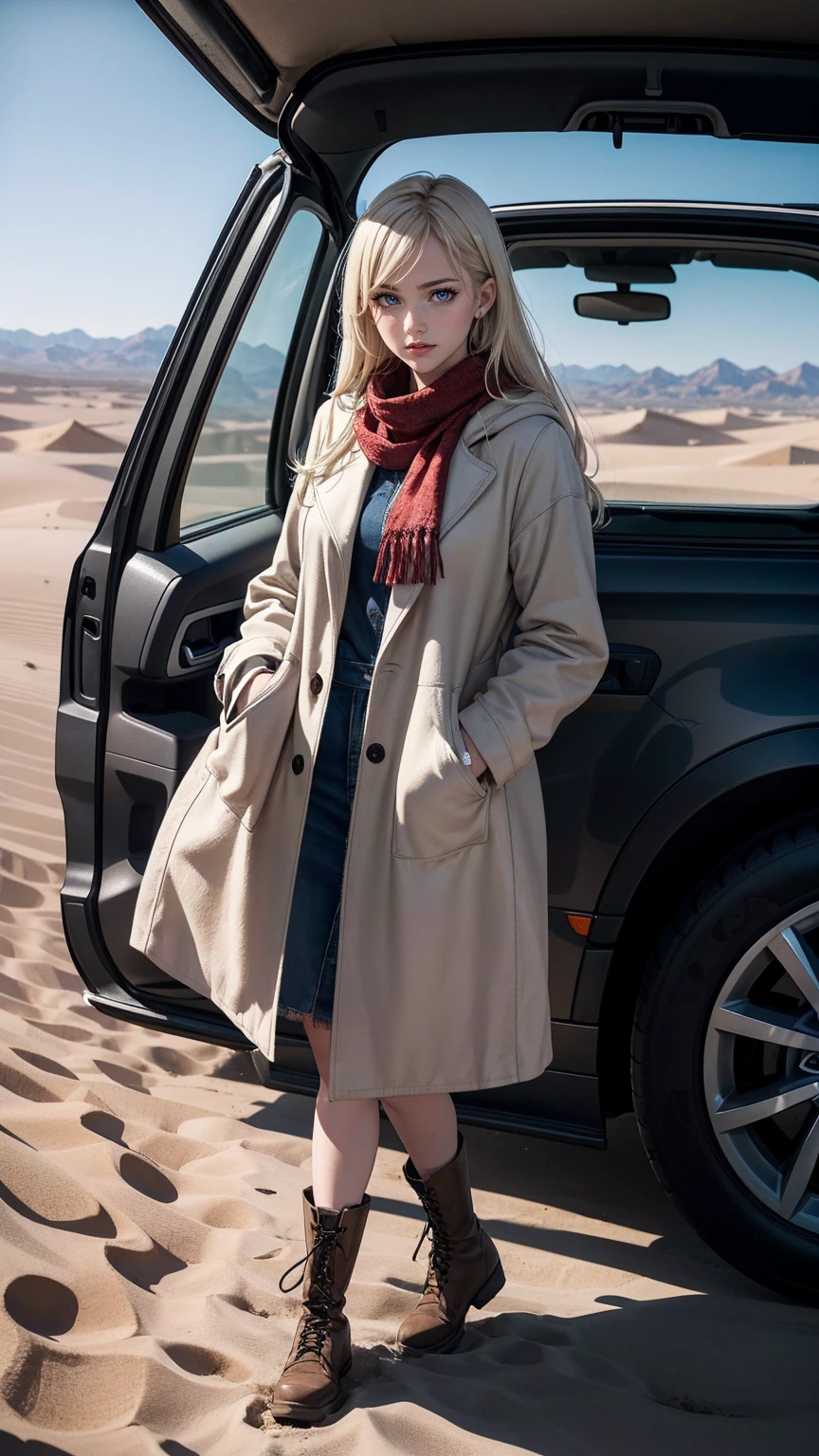((最high quality, 8K, masterpiece: 1.3, Ultra HD, high quality, 最high quality, High resolution, realism)) 、25 year old white woman、platinum blonde、blue eyes、long hair、hair above one eye、smile、slender、A soft and plump feminine body、I don't want my head to disappear from the screen.、Accessorize your wrist、Wearing red nail polish、I have a peticure、(high color saturation:1.0), (highly detailed skin), (最high quality:1.0), (超High resolution:1.0) ,(realistic:1.0), (Super detailed:1.0), (8K, Raw photo:1.1), I'm in the desert with sand dunes stretching as far as the eye can see.、Wear a thick coat、put on a hood、Wrap a mesh scarf around your neck、Cover your mouth with a scarf、Wear lace-up boots、An SUV stops a short distance away.、Ruts remain behind the car、The car is dirty with dust、The strong sunlight shines down