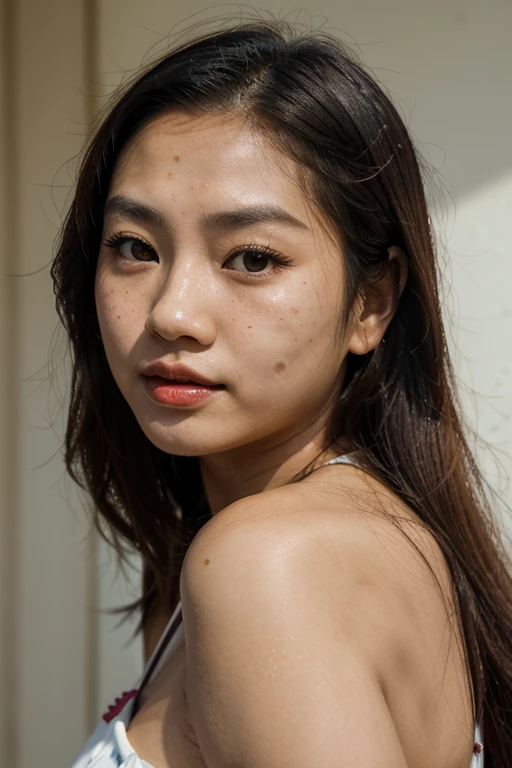 arafed asian woman with freckles and red lipstick looking at the camera, detailed face of an asian girl, southeast asian with round face, korean face features, asian face, korean symmetrical face, freckled face, sparse freckles, woman with freckles, markings on her face, asian features, light freckles, young lovely korean face, she taking photo