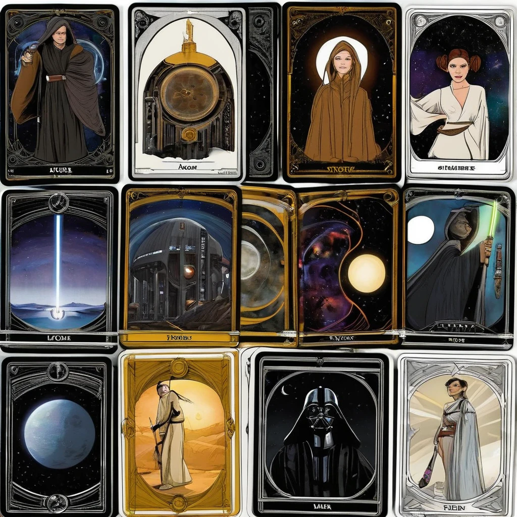 (best quality,4k,8k,highres,masterpiece:1.2),ultra-detailed,(realistic,photorealistic,photo-realistic:1.37),Star Wars themed Tarot cards,A deck of (mystical,beautifully illustrated,artistic) Tarot cards from the Star Wars universe is meticulously arranged on a mysterious and ancient wooden deck. The intricate details of each card are (captivating,meticulous,and intricately illustrated:1.1), with vibrant colors that bring the characters and scenes to life. The cards depict iconic Star Wars characters, such as Jedi masters, Sith lords, rebels, and droids, each with their (own,distinct) symbolism and meaning [Jedi],[Sith],[rebels],[droids]. 

As the cards are dealt out, they reveal a (powerful,ominous) five-card fortune [five-card fortune:1.1]. The (first card:1.3) depicts the wise and serene Jedi Master Yoda, symbolizing knowledge, wisdom, and guidance [Yoda:1.1]. The (second card:1.3) shows the menacing Darth Vader, representing the path of darkness, temptation, and inner conflicts [Darth Vader:1.1].

In the (third card:1.3), the courageous and determined Luke Skywalker stands tall, symbolizing a journey of self-discovery, heroism, and seeking the truth [Luke Skywalker:1.1]. The (fourth card:1.3) reveals the enigmatic Princess Leia, a symbol of leadership, diplomacy, and resilience [Princess Leia:1.1]. Finally, the (fifth card:1.3) unveils the charming and adventurous Han Solo, representing unexpected encounters, luck, and resourcefulness [Han Solo:1.1].

These Star Wars-themed Tarot cards are more than just a game; they serve as a portal into a universe of myth, magic, and destiny. The (background:0.9) is bathed in a gentle glow, as if being illuminated by the Force itself. The (mysterious,otherworldly) atmosphere (enhances:0.9) the sense of the unknown and the hidden wisdoms waiting to be revealed.

The artwork on each card is incredibly detailed, displaying the talent and dedication of the artist. From the intricate designs of the costumes to the expressions on th