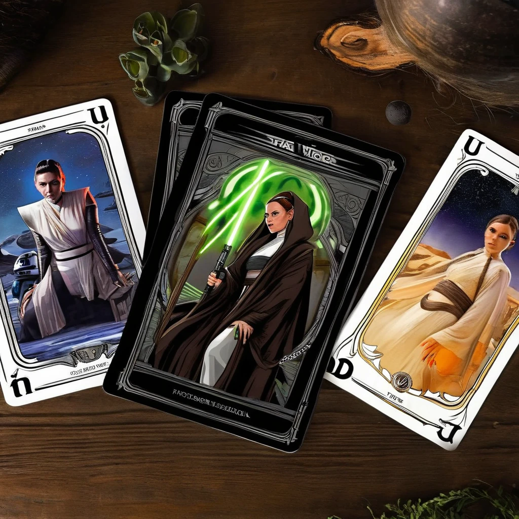 (best quality,4k,8k,highres,masterpiece:1.2),ultra-detailed,(realistic,photorealistic,photo-realistic:1.37),Star Wars themed Tarot cards,A deck of (mystical,beautifully illustrated,artistic) Tarot cards from the Star Wars universe is meticulously arranged on a mysterious and ancient wooden deck. The intricate details of each card are (captivating,meticulous,and intricately illustrated:1.1), with vibrant colors that bring the characters and scenes to life. The cards depict iconic Star Wars characters, such as Jedi masters, Sith lords, rebels, and droids, each with their (own,distinct) symbolism and meaning [Jedi],[Sith],[rebels],[droids]. 

As the cards are dealt out, they reveal a (powerful,ominous) five-card fortune [five-card fortune:1.1]. The (first card:1.3) depicts the wise and serene Jedi Master Yoda, symbolizing knowledge, wisdom, and guidance [Yoda:1.1]. The (second card:1.3) shows the menacing Darth Vader, representing the path of darkness, temptation, and inner conflicts [Darth Vader:1.1].

In the (third card:1.3), the courageous and determined Luke Skywalker stands tall, symbolizing a journey of self-discovery, heroism, and seeking the truth [Luke Skywalker:1.1]. The (fourth card:1.3) reveals the enigmatic Princess Leia, a symbol of leadership, diplomacy, and resilience [Princess Leia:1.1]. Finally, the (fifth card:1.3) unveils the charming and adventurous Han Solo, representing unexpected encounters, luck, and resourcefulness [Han Solo:1.1].

These Star Wars-themed Tarot cards are more than just a game; they serve as a portal into a universe of myth, magic, and destiny. The (background:0.9) is bathed in a gentle glow, as if being illuminated by the Force itself. The (mysterious,otherworldly) atmosphere (enhances:0.9) the sense of the unknown and the hidden wisdoms waiting to be revealed.

The artwork on each card is incredibly detailed, displaying the talent and dedication of the artist. From the intricate designs of the costumes to the expressions on th
