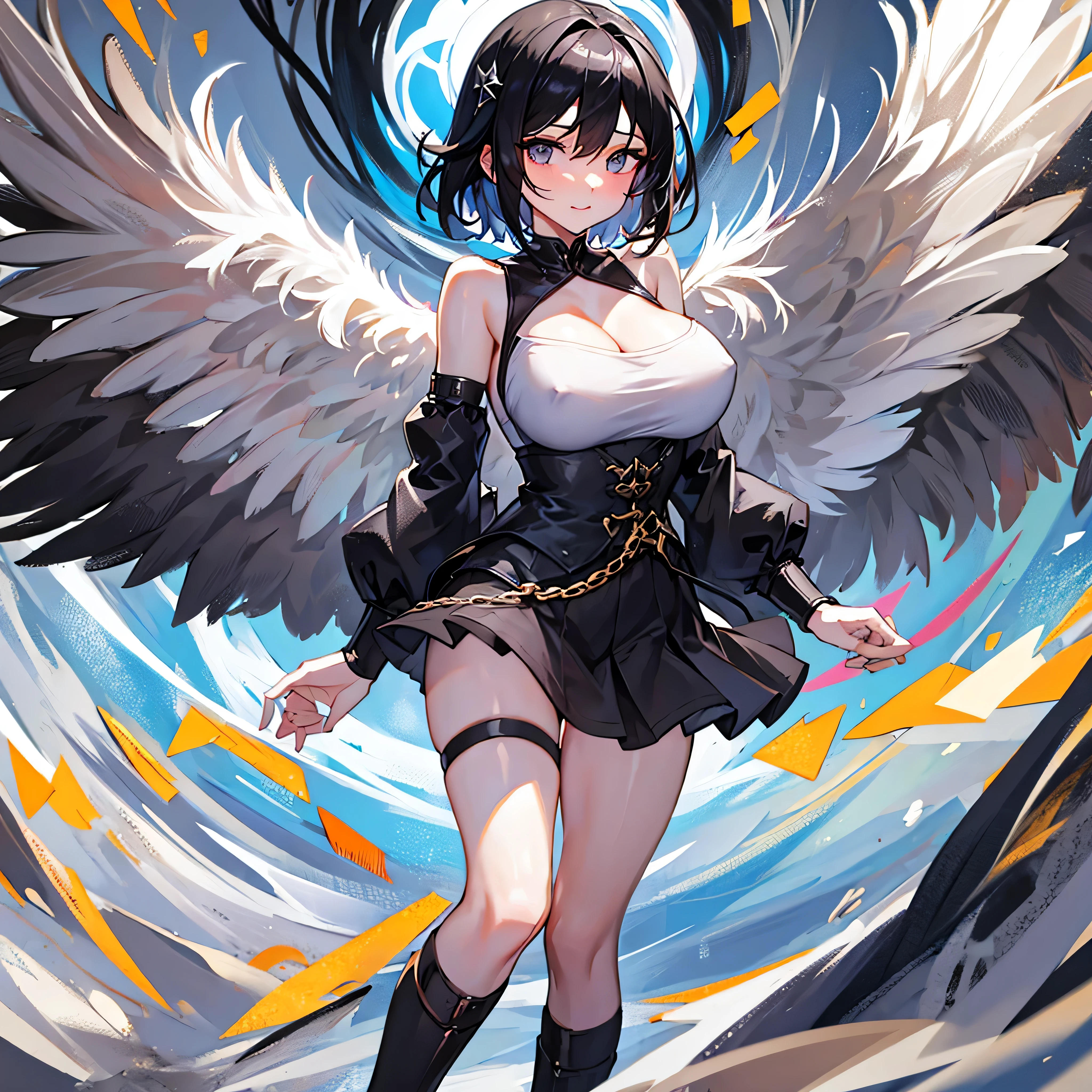 (1 seraphim girl standing on peak of frozen snowy mountain) higher than overcast, blowing frozen wind, (solo), swinging back, multiple wings, (she has 12 wings on her back), (6 white wings:1.5) and (6 black wings:1.5), BREAK, (wearing nothing without a lace trimmed sheer short black chemise:1.4), (black plunging neckline), too short black skirt flapping by wind, stiletto heels, BREAK, (black short hair:1.3), sidelocks, black eyes, (bouncing large breasts), cleavage, inconceivably narrow waist, bared skinny arms, bared skinny long legs, thigh gap, tiptoe, BREAK, , nose blush, smile for viewer, open mouth, orgasm, BREAK, full body, (extremely detailed CG unity 8k wallpaper), (beautiful detailed), (ultra high resolution), (masterpiece:1.2), (best quality), (beautiful illustration)