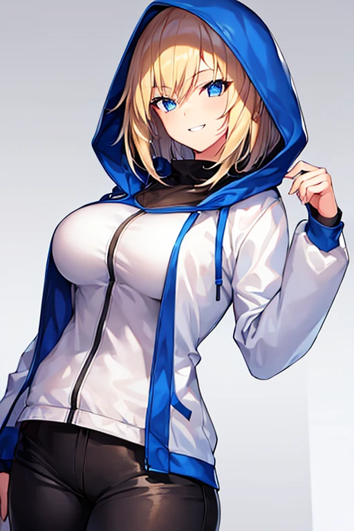 1girl, blonde hair, blue eyes, very short hair, hood up, hoodie, jacket, white jacket, hooded jacket, glowing eyes, black pants, black shirt, shirt, smile, tall, tall female, large breasts, toned, toned female, street, city, thick thighs, open jacket, breasts