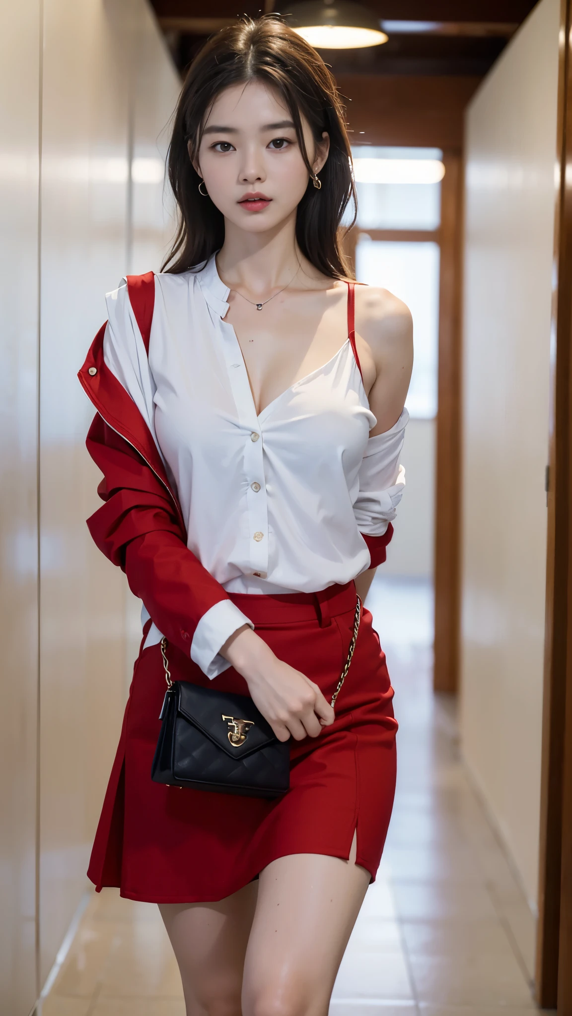 (((best quality, 8 thousand, masterpiece:1.4)), (20 year old woman), masterpiece, distinct, highres, high_quality, wide_shot, small_face, absurdly_short_hair, female, sagging_breasts, balancing, stretching, gentle_face, bare_shoulders, center_opening, downblouse, (brown wavy very long hair), He walks forward carrying a small luxury bag., (Huge, saggy breasts), red tulip skirt, red button jacket, white v-neck shirt, neat office office hallway, white tone office, Office Look:1.3, Prada,