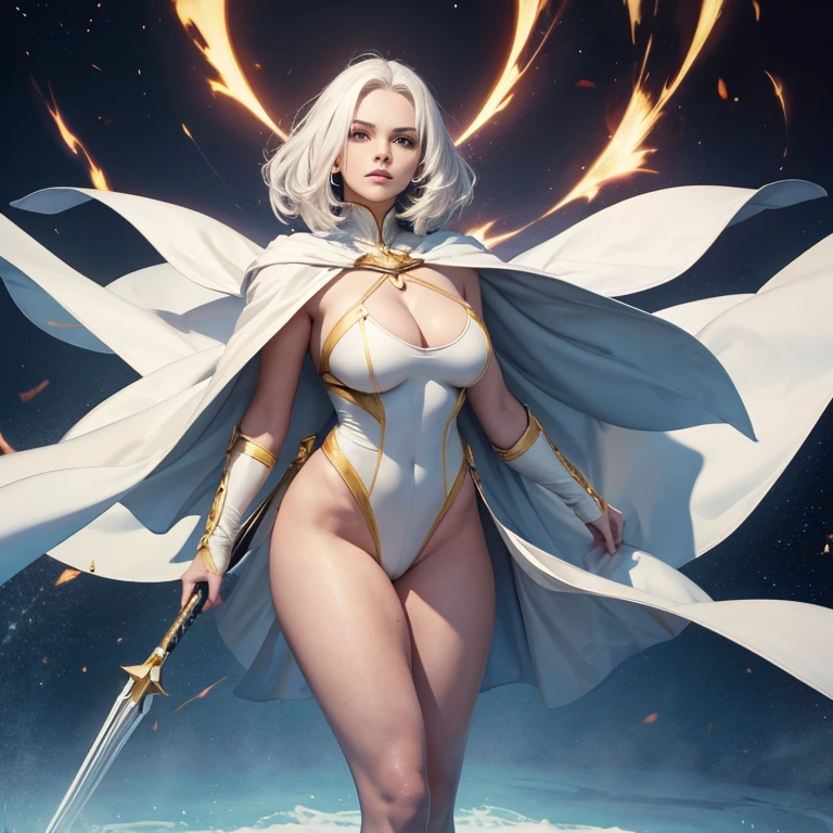 Beautiful woman white hair yellow eyes white full body leotard with super heroine cape arms raising behind her head 