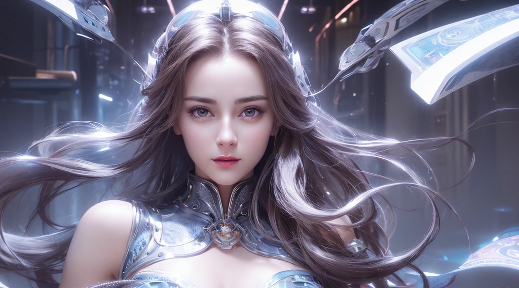 A close-up head and chest portrait of a pretty and cute woman, long hair, her chest adorned with pneumatic tubes that give her a unique and futuristic appearance. The highly detailed digital rendering captures every aspect of her beauty, from her delicate features to the intricate tubes.