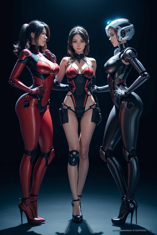 3 female robots with perfect faces
They are looking at each other and laughing
embarrassing
whole body mechanics
Everyone looks like this from the neck down々colored internal skeleton
ball joint
The internal skeleton is full of machinery.
There is not much difference in height
From the left: feet with rollers
The legs in the middle are like stamps
On the right is a foot shaped like a high heel.
Are standing
Inside the Institute