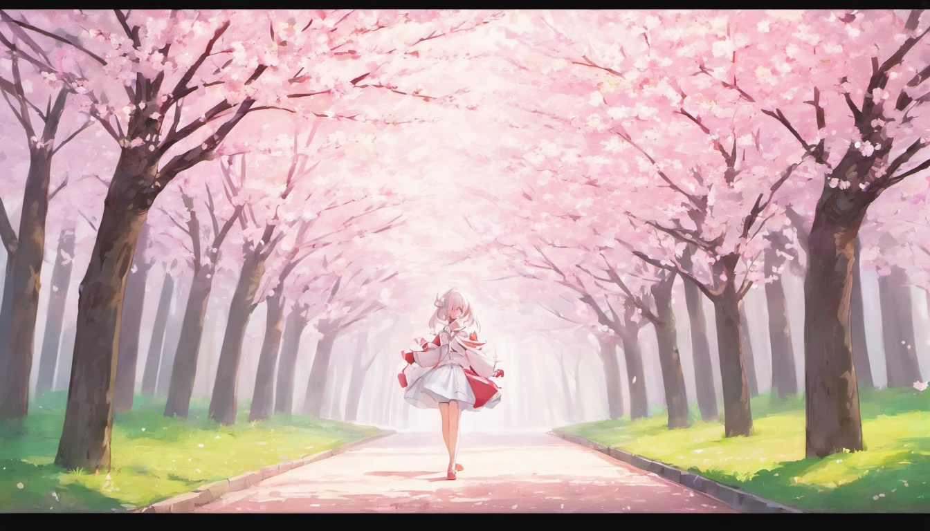 (white background:1.4),(Cherry blossom tree-lined path,girl 1 ),( reasonable design, clear lines, colorful hair color,High sharpness,highest quality, very detailed, masterpiece, movie lighting effects, 4k )pure white background,No expression,cold eyes,Cherry Blossom,Scenic center