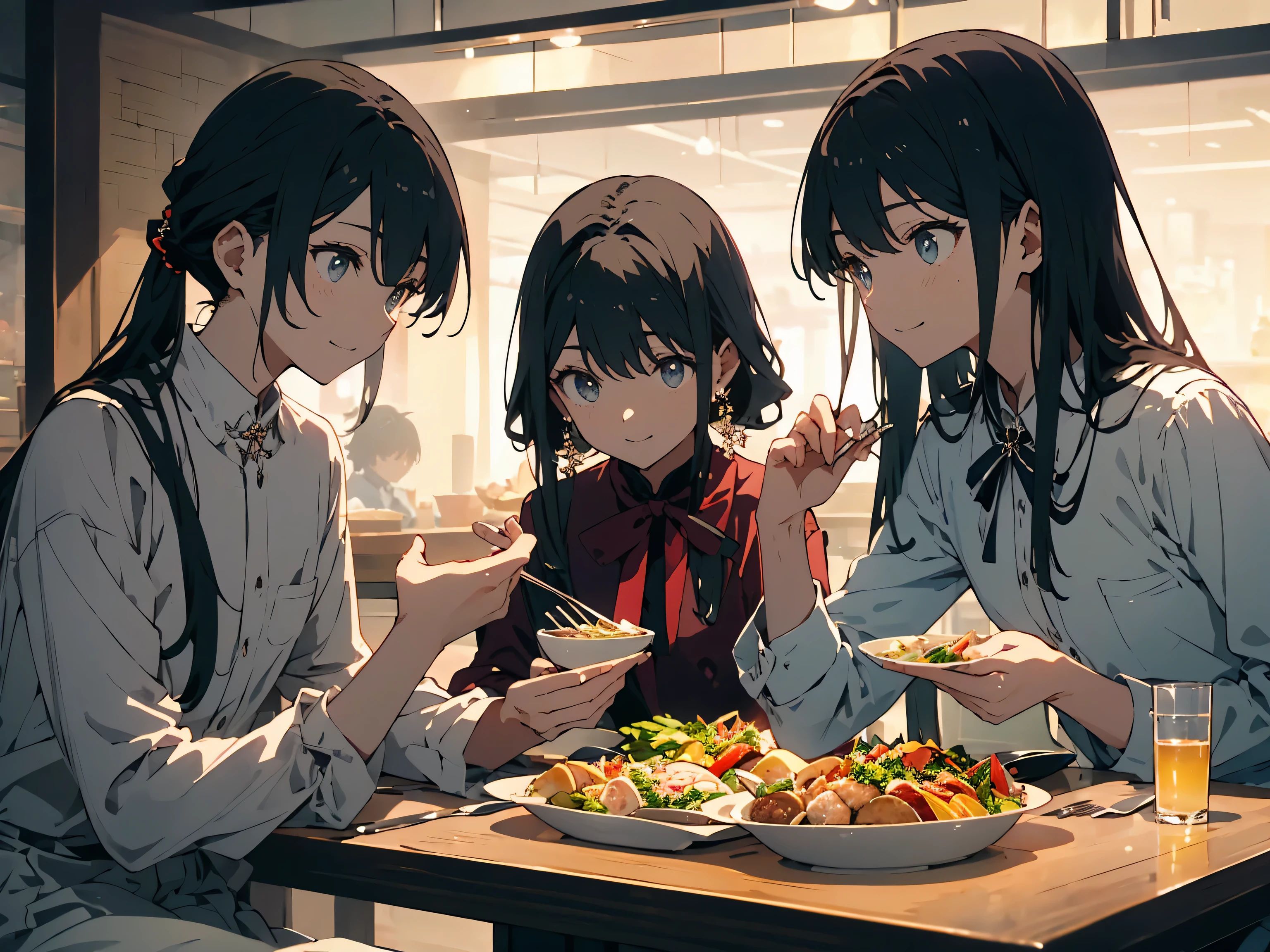 1boy,2girls,multiple girls,black hair,blue eyes,box,long hair,blonde hair,white shirt,shirt,open mouth,jacket,short hair,red jacket,indoors,smile,shop,black apron,gift,blush,apron,food,chinese text,looking at another,holding,holding box,short sleeves,gift box,shelf,kitchen,bangs,indoor,family,the old,parent,高分辨率,超详细,8k