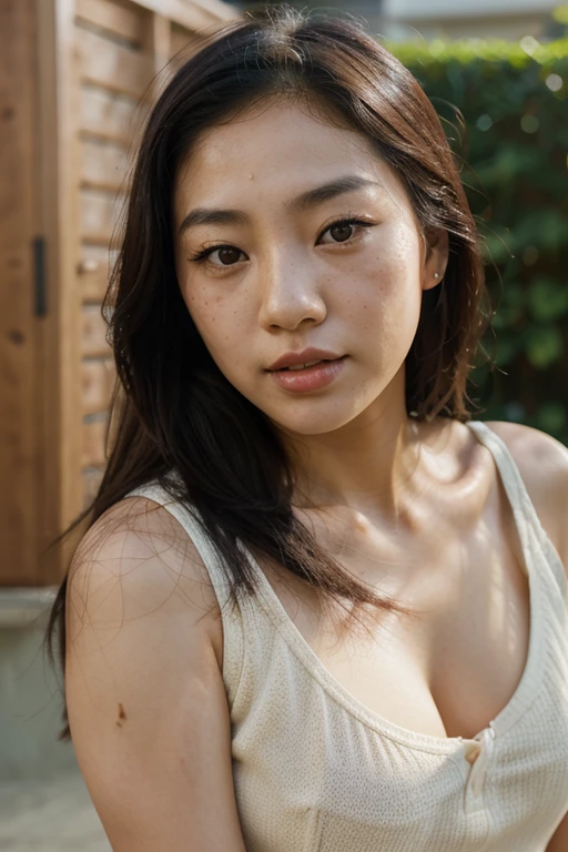 arafed asian woman with freckles and red lipstick looking at the camera, detailed face of an asian girl, southeast asian with round face, korean face features, asian face, korean symmetrical face, freckled face, sparse freckles, woman with freckles, markings on her face, asian features, light freckles, young adorable korean face, she full body formally dressed in a college outside