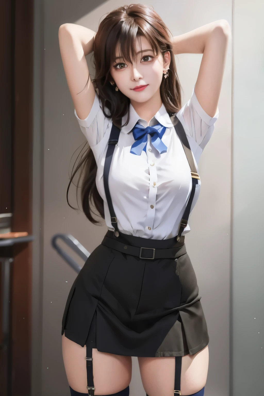 arafed woman in a short skirt and suspenders posing for a picture, a hyperrealistic schoolgirl, hyperrealistic schoolgirl, realistic , smooth anime cg art, seductive anime girl, attractive anime girl, photorealistic anime girl render, beautiful anime high school girl, realistic young anime girl, [ 4 k digital art ]!!, beautiful alluring anime woman