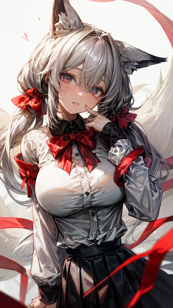 ,grey hair, long hair, twintails, bangs, hair between eyes, animal ears, fox ears, animal ear fluff, red eyes, tail, fox tail, virtual youtuber,grey hair, long hair, twintails, bangs, hair between eyes, animal ears, fox ears, animal ear fluff, red eyes, tail, fox tail, virtual youtuber, shirt, white shirt, long sleeves, sleeves past wrists, bow, hair bow, red bow, ribbon, skirt, pleated skirt, black skirt,milfication, mature female, gigantic breasts