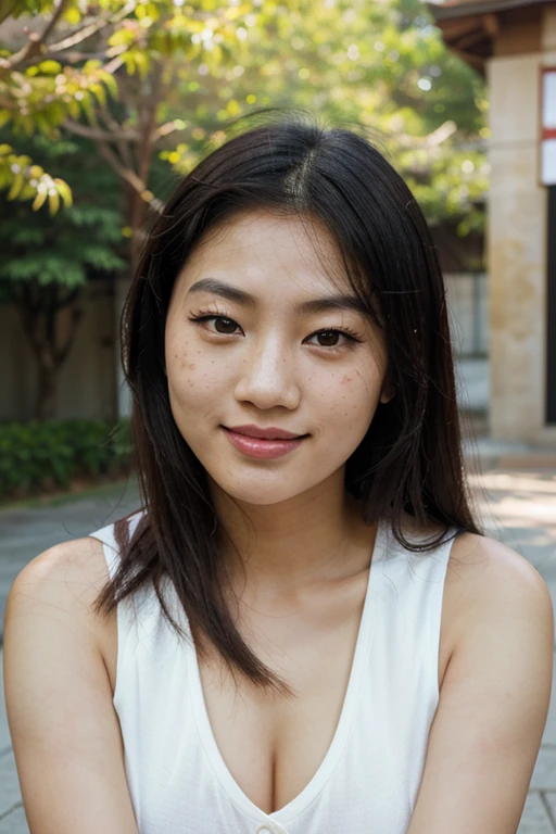 arafed asian woman with freckles and red lipstick looking at the camera, detailed face of an asian girl, southeast asian with round face, korean face features, asian face, korean symmetrical face, freckled face, sparse freckles, woman with freckles, markings on her face, asian features, light freckles, lovely young korean face, she full body formally dressed in a college outside with a smile on her face