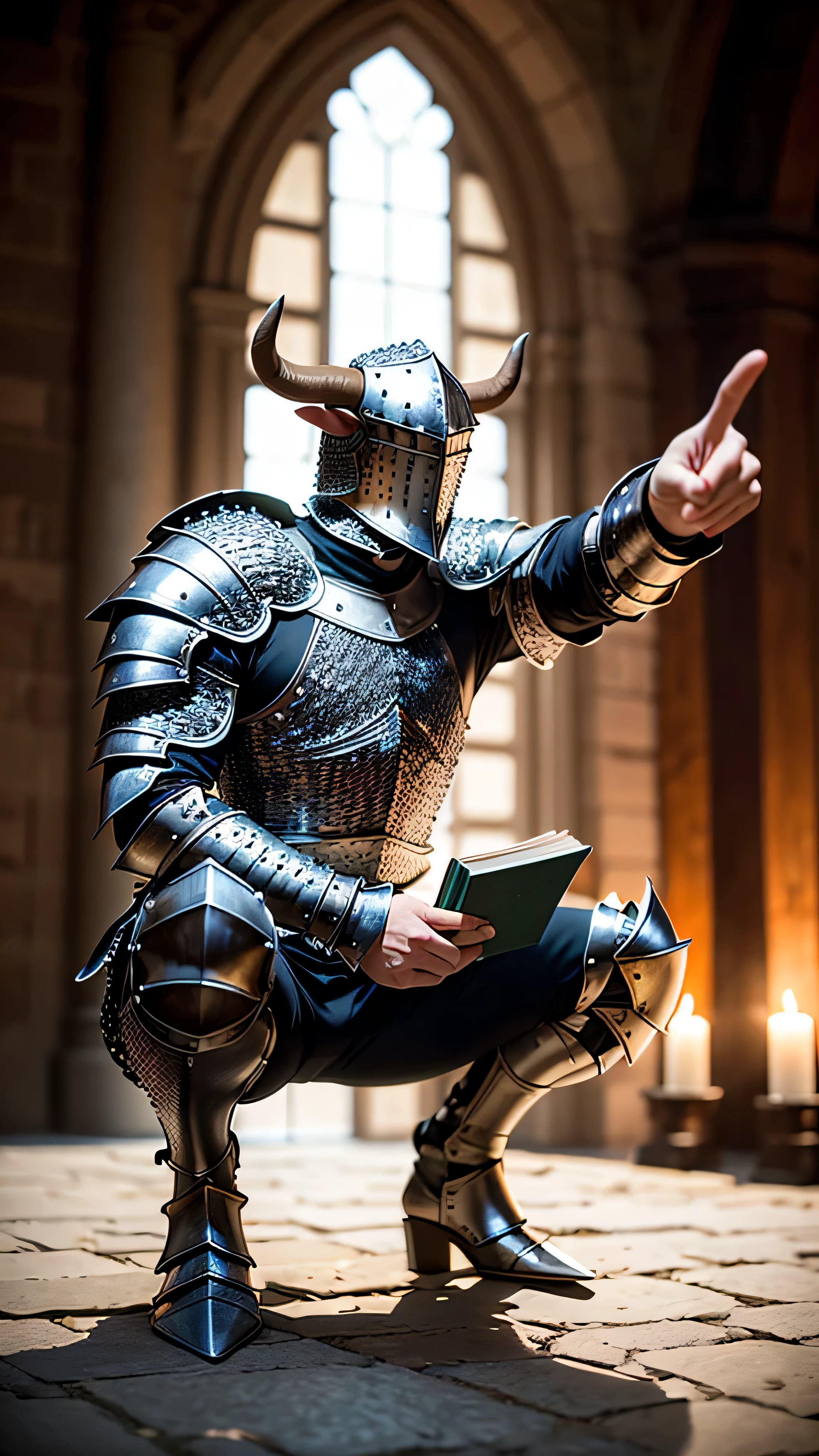 (masterpiece), (extremely intricate:1.3), (realistic), ((minotaur, ((medieval armor, perfectchainmail, holding book, portrait, squatting, pointing)))), dynamic pose, sharp focus, dramatic, award winning, cinematic lighting, volumetrics dtx, (film grain, blurry background, blurry foreground, bokeh, depth of field, sunset, interaction, castle in the distance