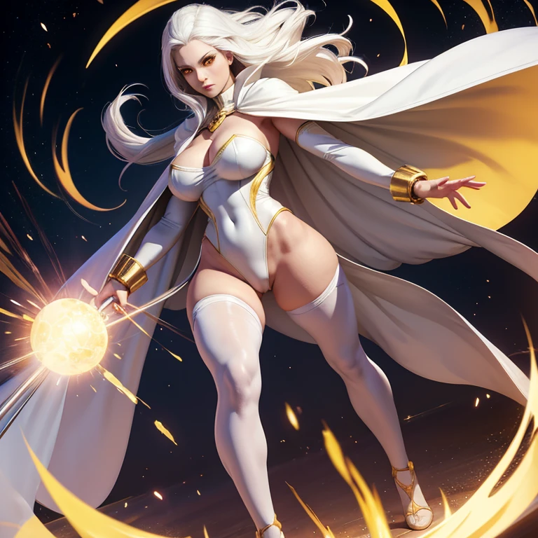 Beautiful woman with white hair yellow eyes white full body leotard with super heroine cape energy balls in her hands